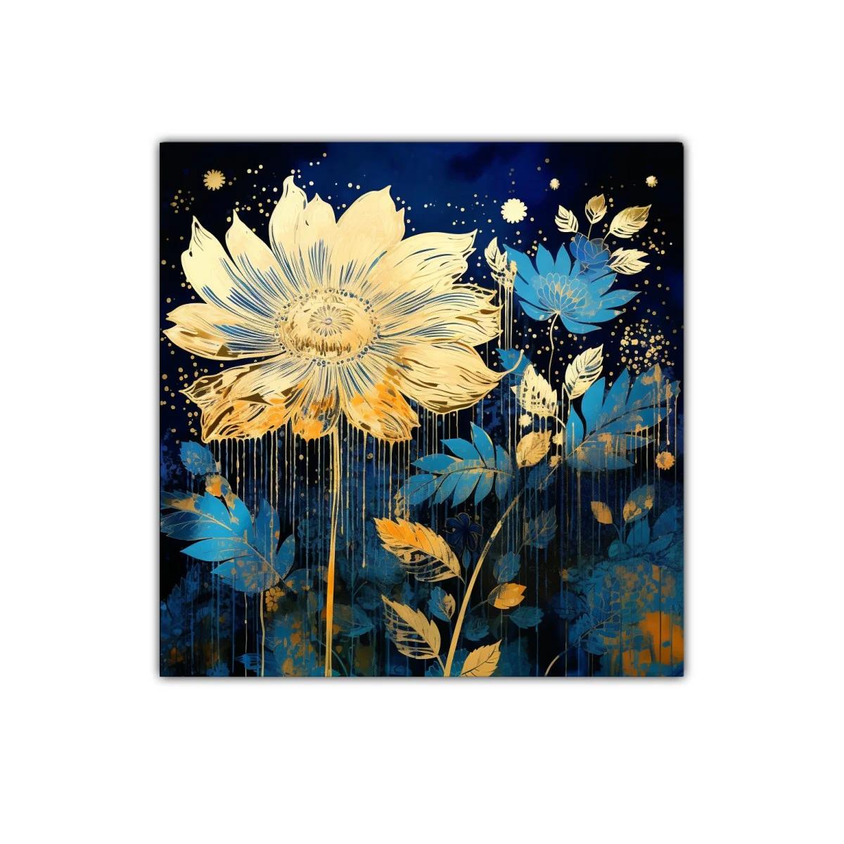 Flor dorada sobre fondo azul intenso para decoración elegante