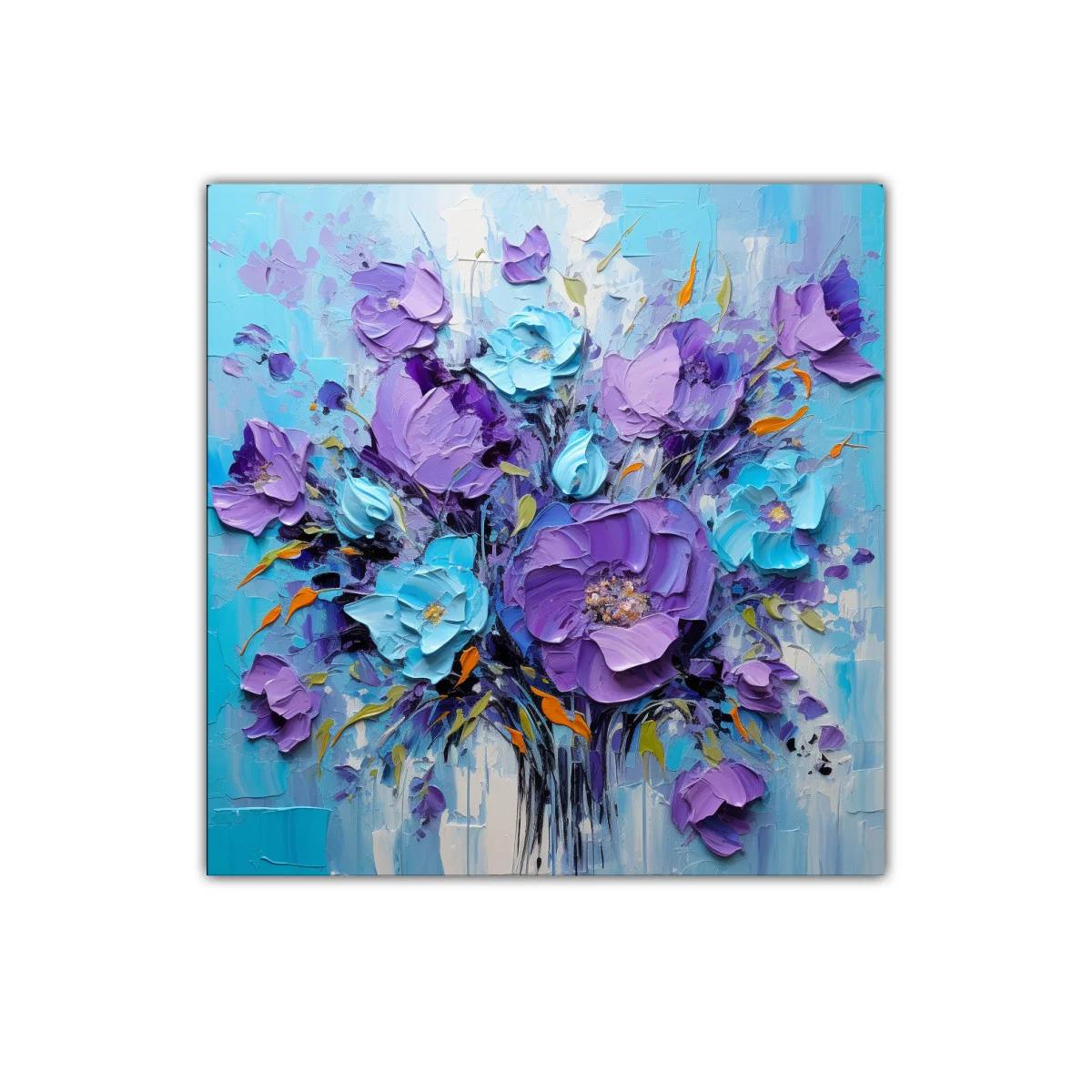 Cuadro floral en tonos violetas y azul turquesa vibrantes