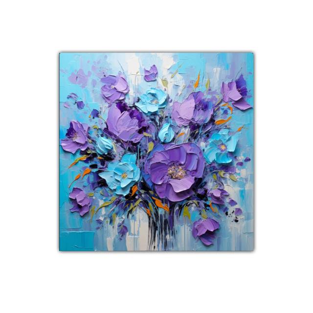 Cuadro floral en tonos violetas y azul turquesa vibrantes
