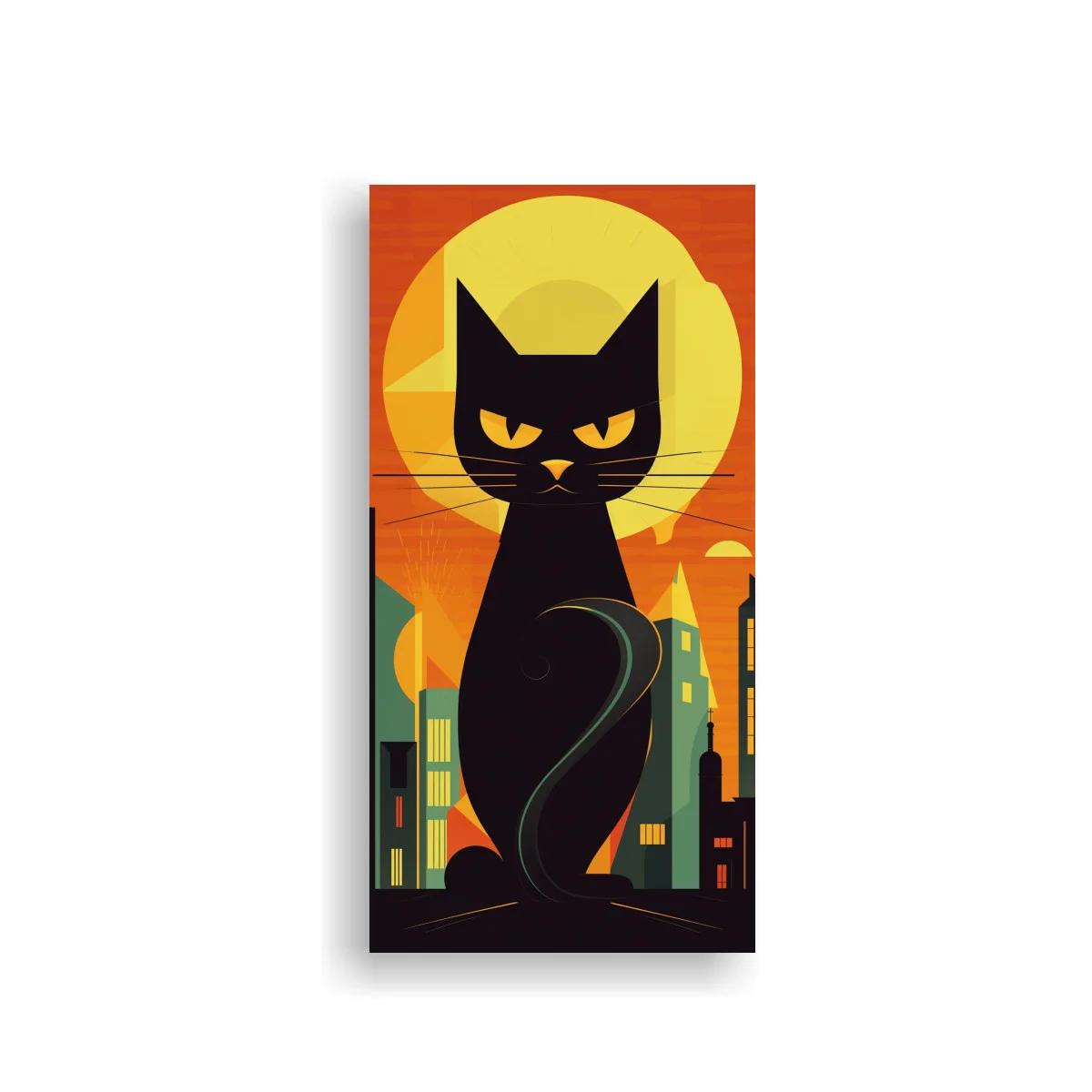 Cuadro gato negro con luna grande y ciudad geométrica
