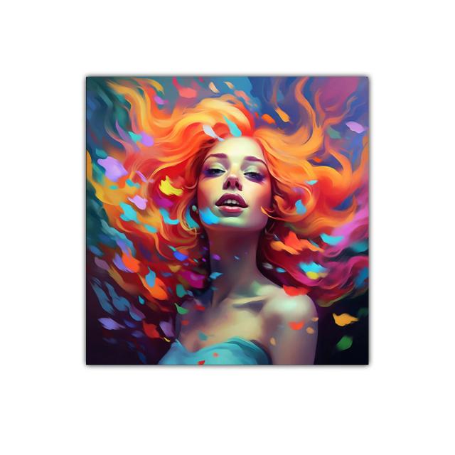 Retrato vibrante de mujer con cabello en llamas multicolor