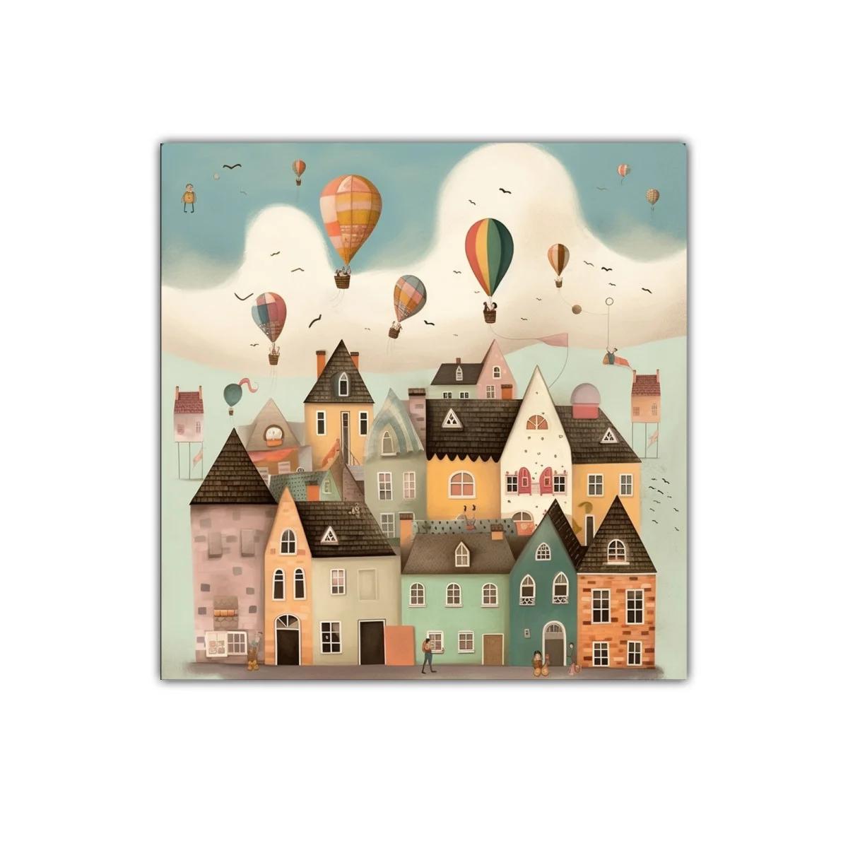 Pueblo encantador con globos aerostáticos y cielo soñador — imagen principal