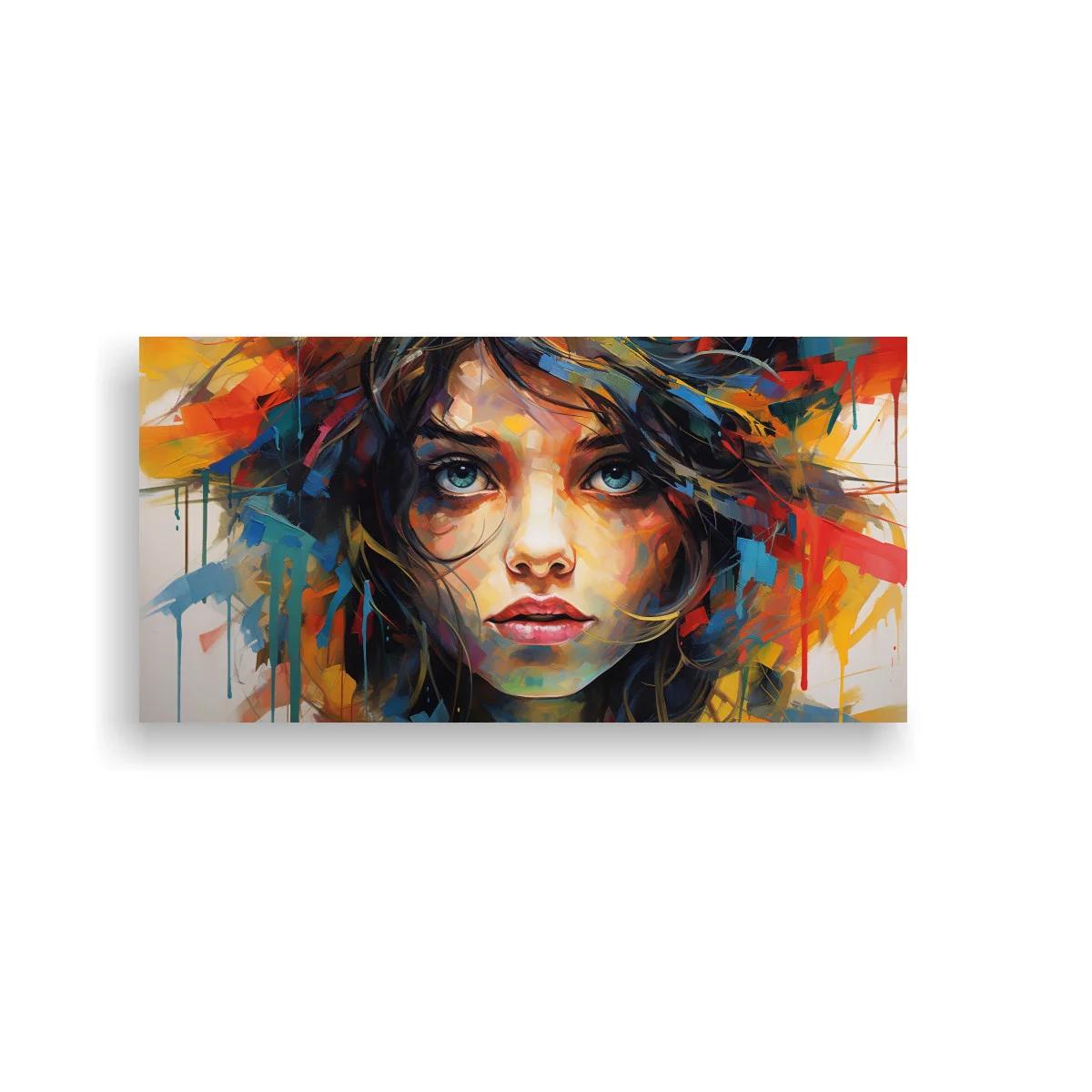 Cuadro rostro de mujer joven con ojos azules y salpicaduras de color