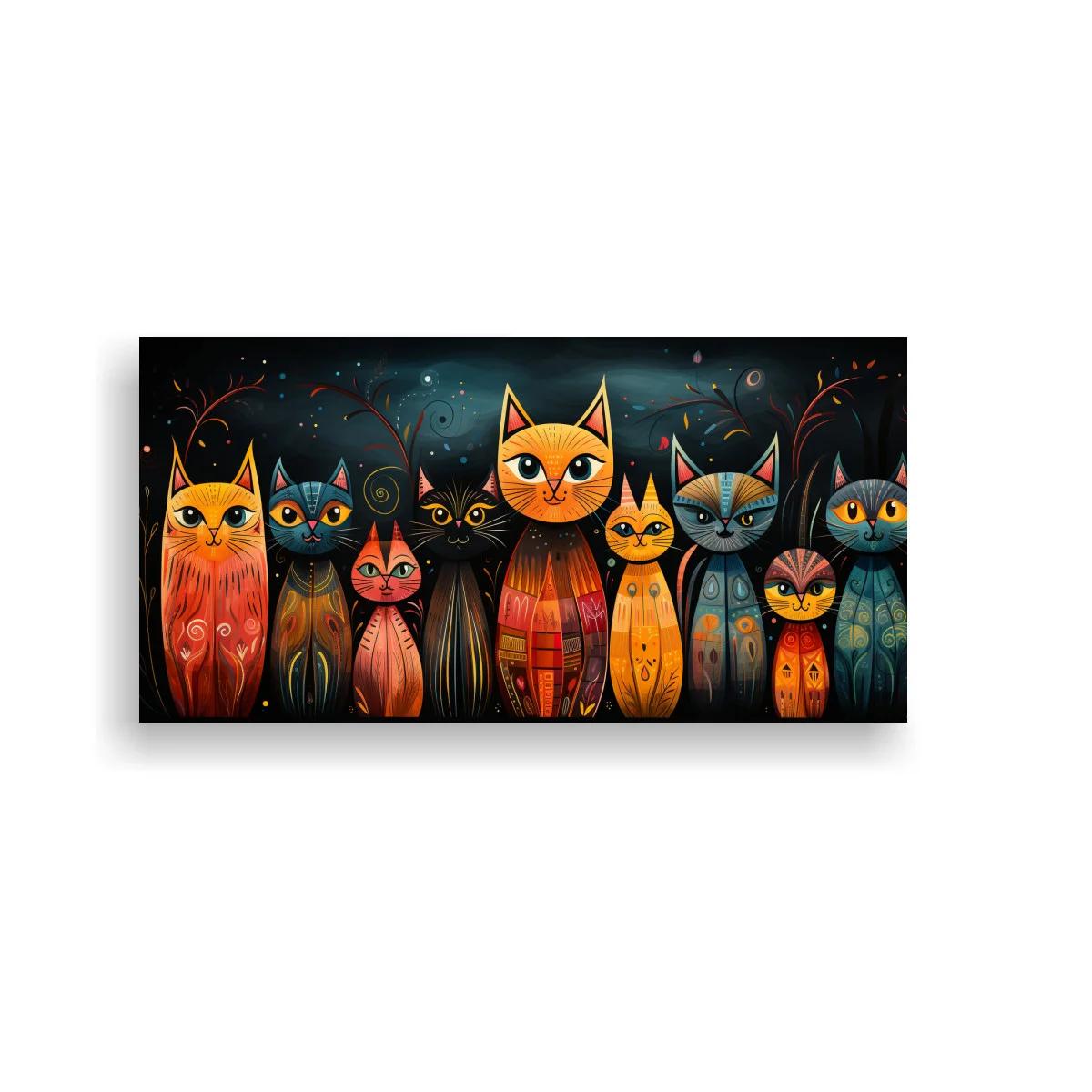 Cuadro grupo de gatos de ojos grandes con fondo oscuro y ramas — imagen principal