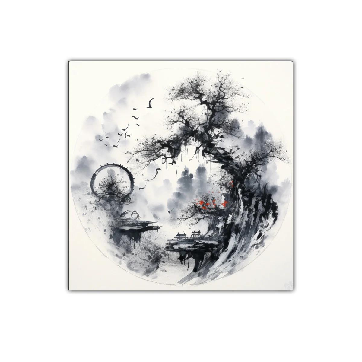 Paisaje asiático con árbol y aves en tonos monocromos