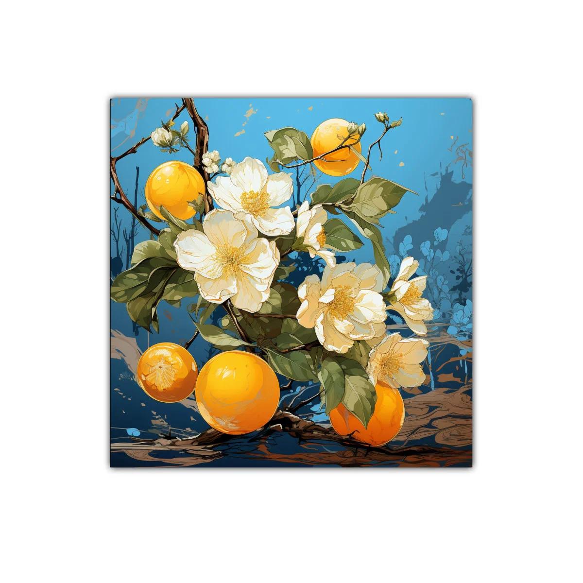 Flores blancas y frutas naranjas en fondo azul vibrante — imagen principal