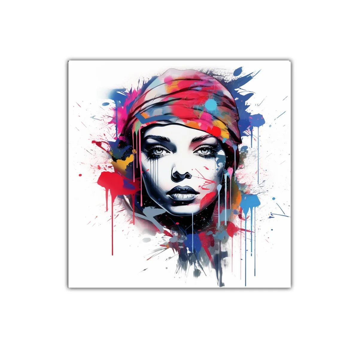 Rostro femenino expresivo con explosión de color vibrante