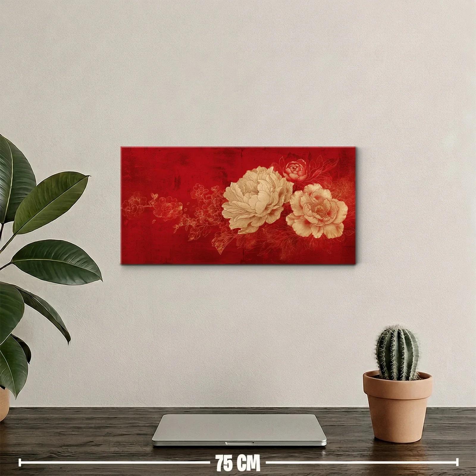 Cuadro peonías beige sobre fondo rojo texturizado — miniatura 2