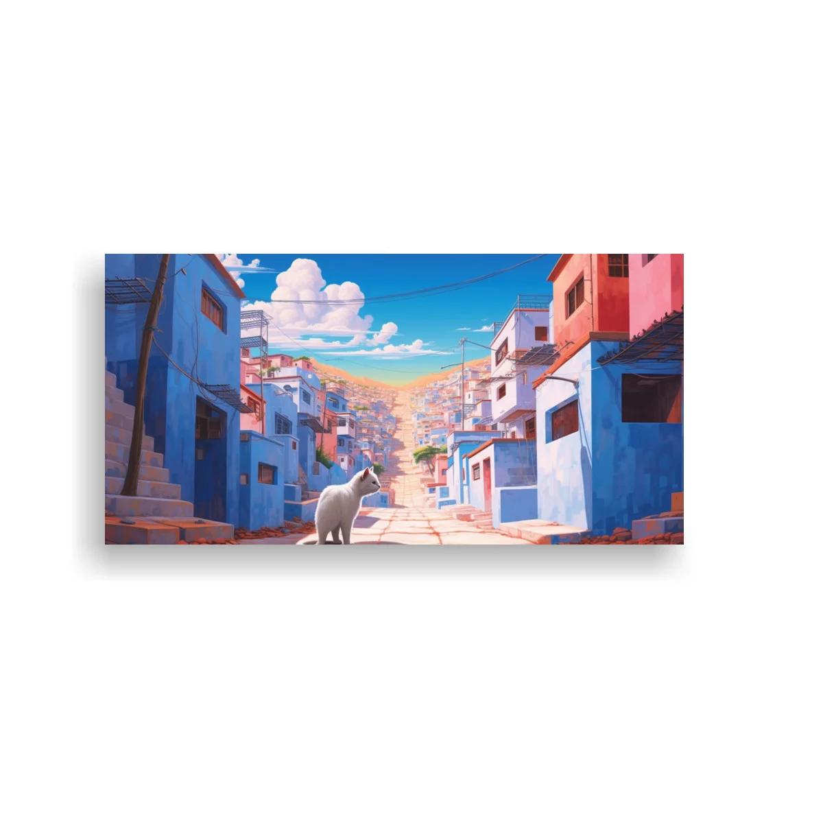 Cuadro gato blanco en calle de pueblo