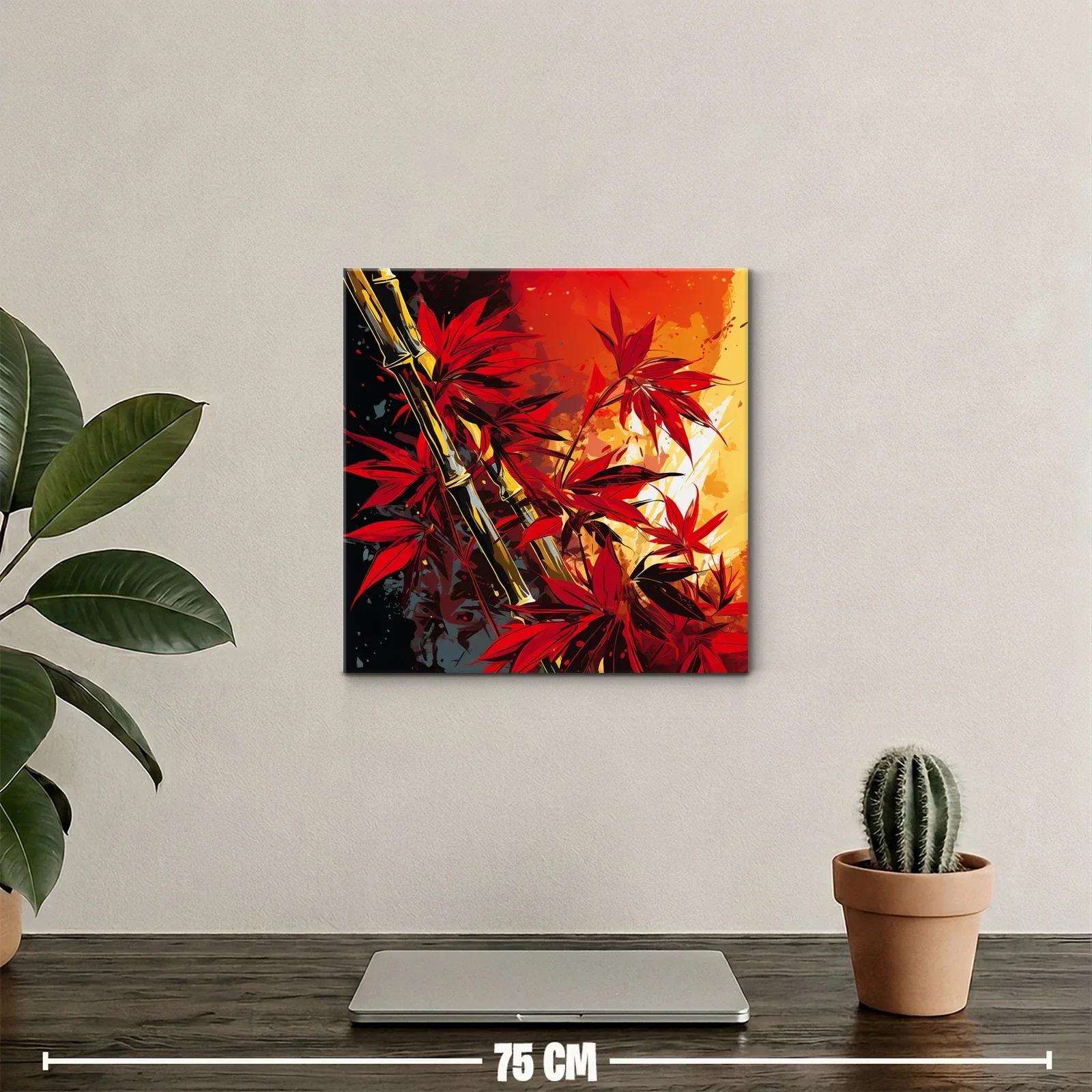 Bambú y hojas rojas en vibrante contraste cálido — miniatura 2