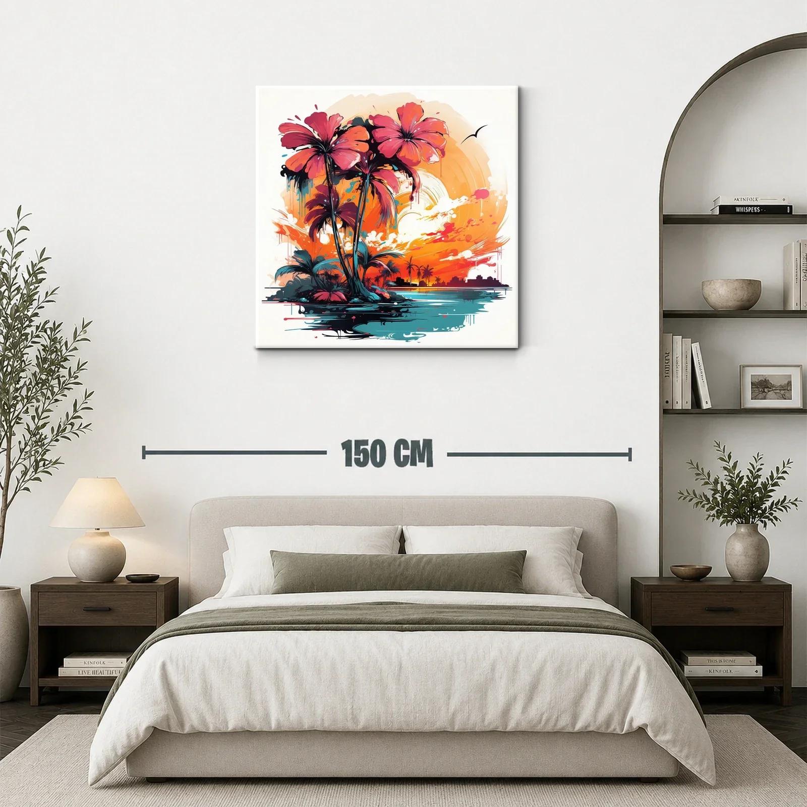 Atardecer tropical con palmeras vibrantes y horizonte urbano — miniatura 3
