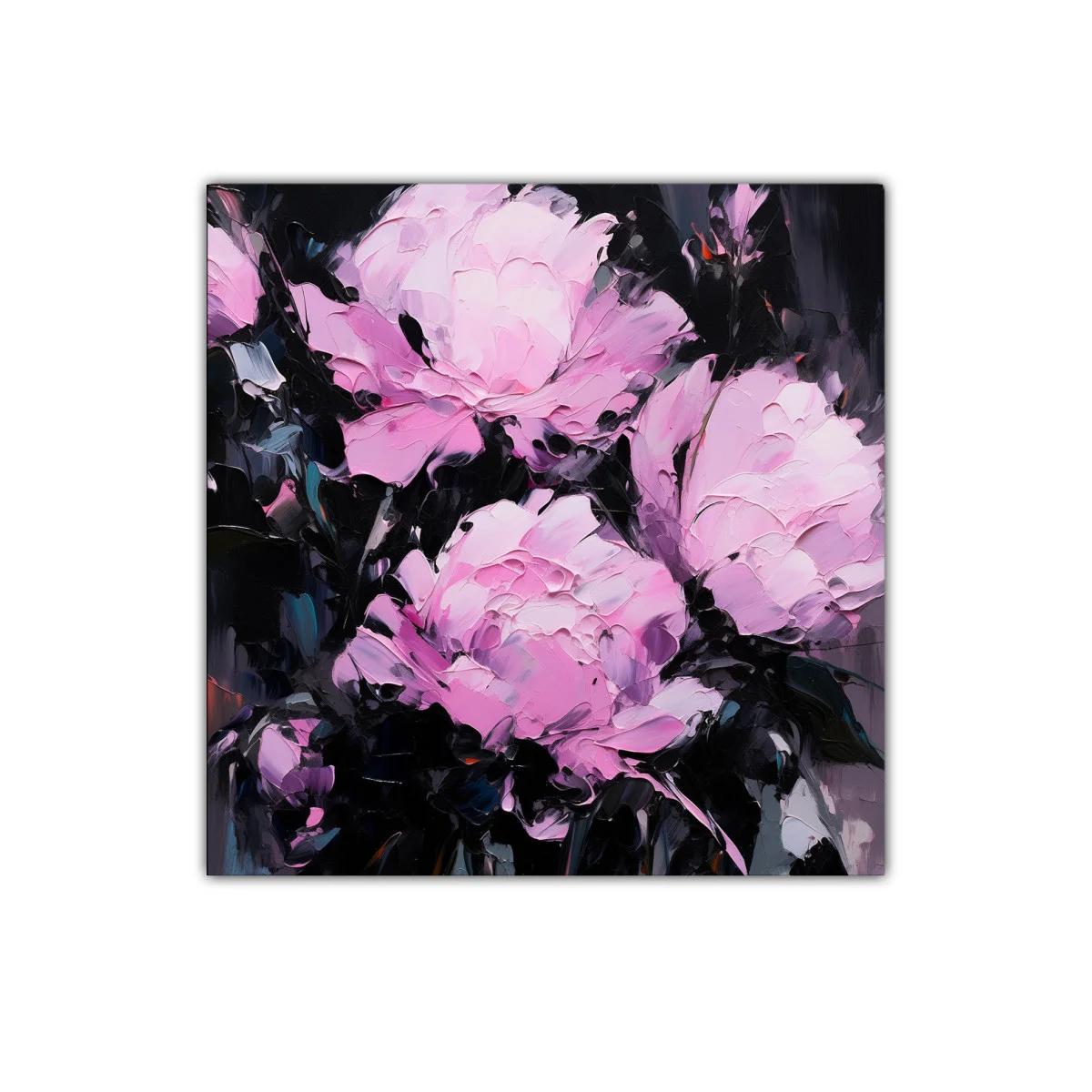 Cuadro floral con peonías en tonos rosas y fondo oscuro