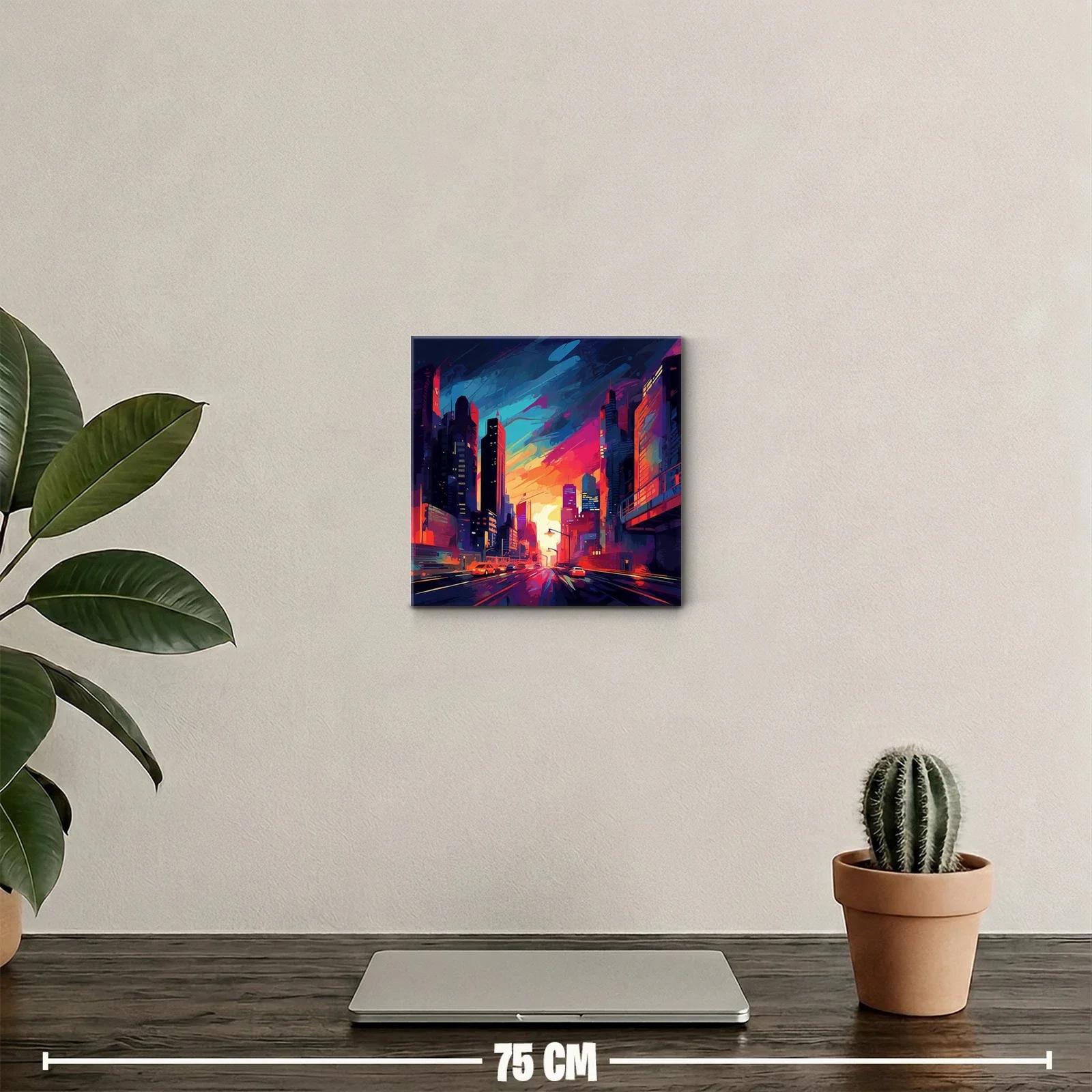 Atardecer vibrante en ciudad moderna con rascacielos coloridos — miniatura 2