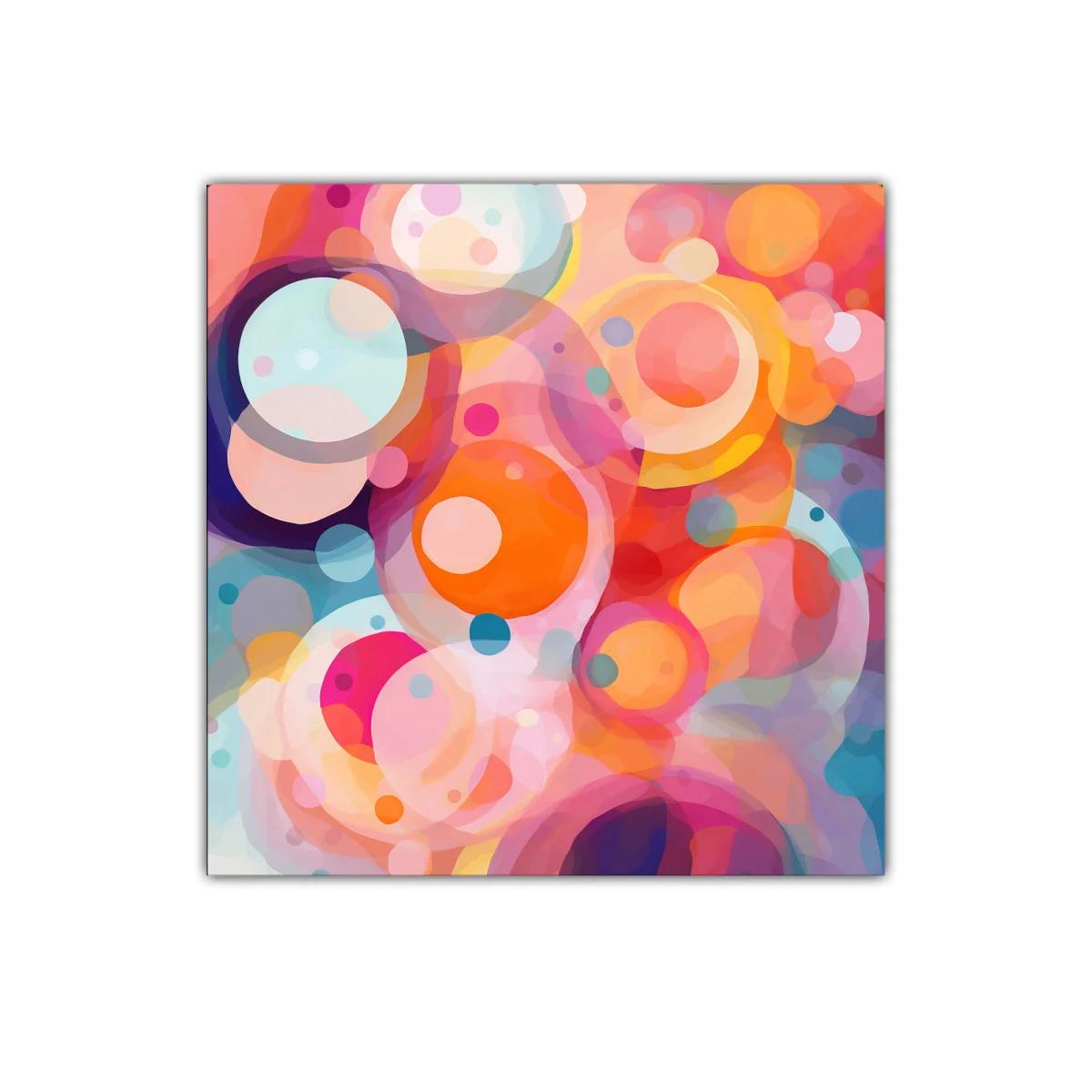 Cuadro abstracto con formas circulares en tonos cálidos y fríos