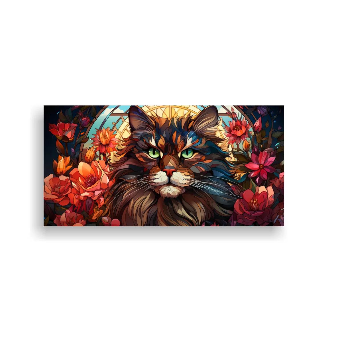 Cuadro gato de pelo largo con círculo luminoso y flores