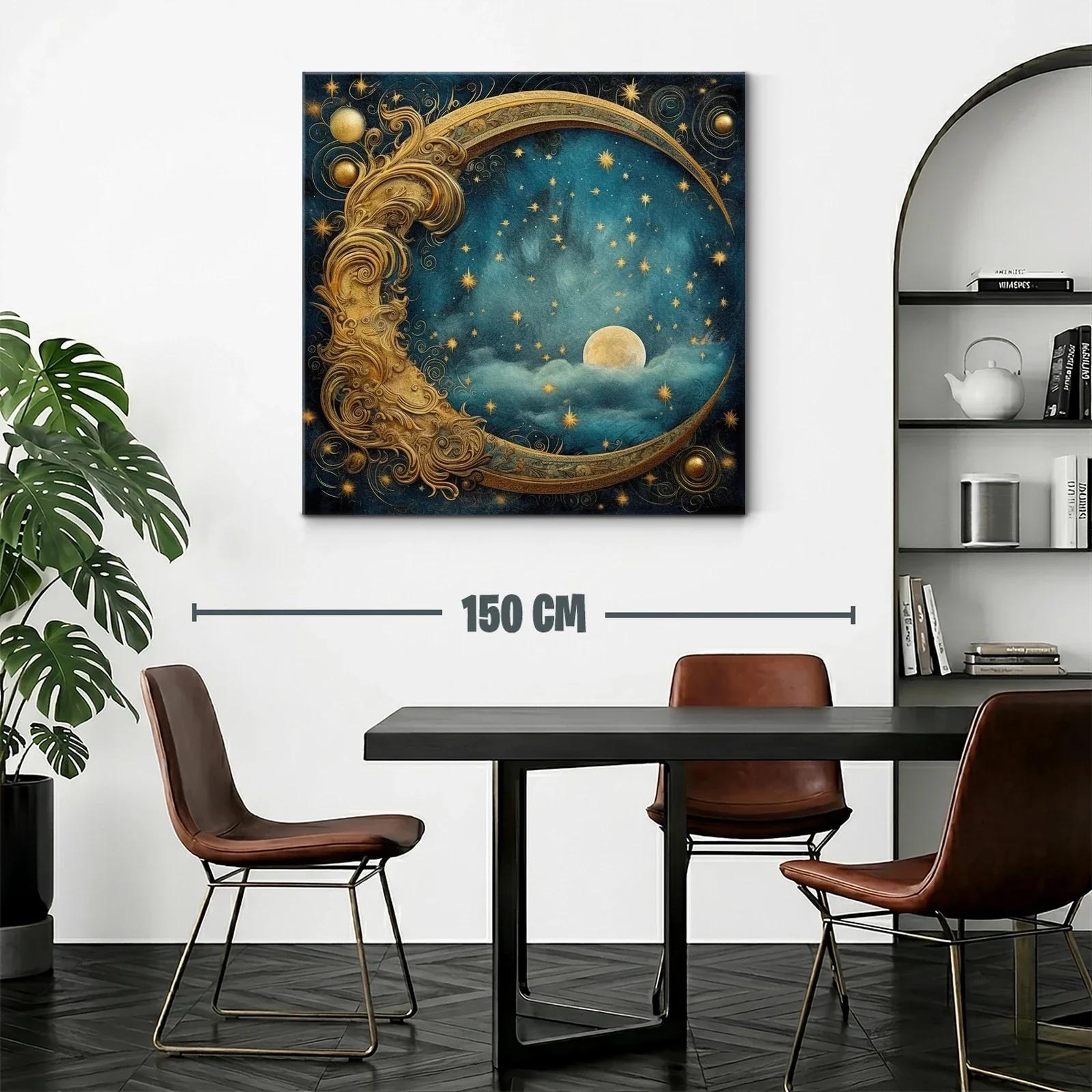Luna Dorada entre Estrellas en Cielo Nocturno Azul Profundo — miniatura 2