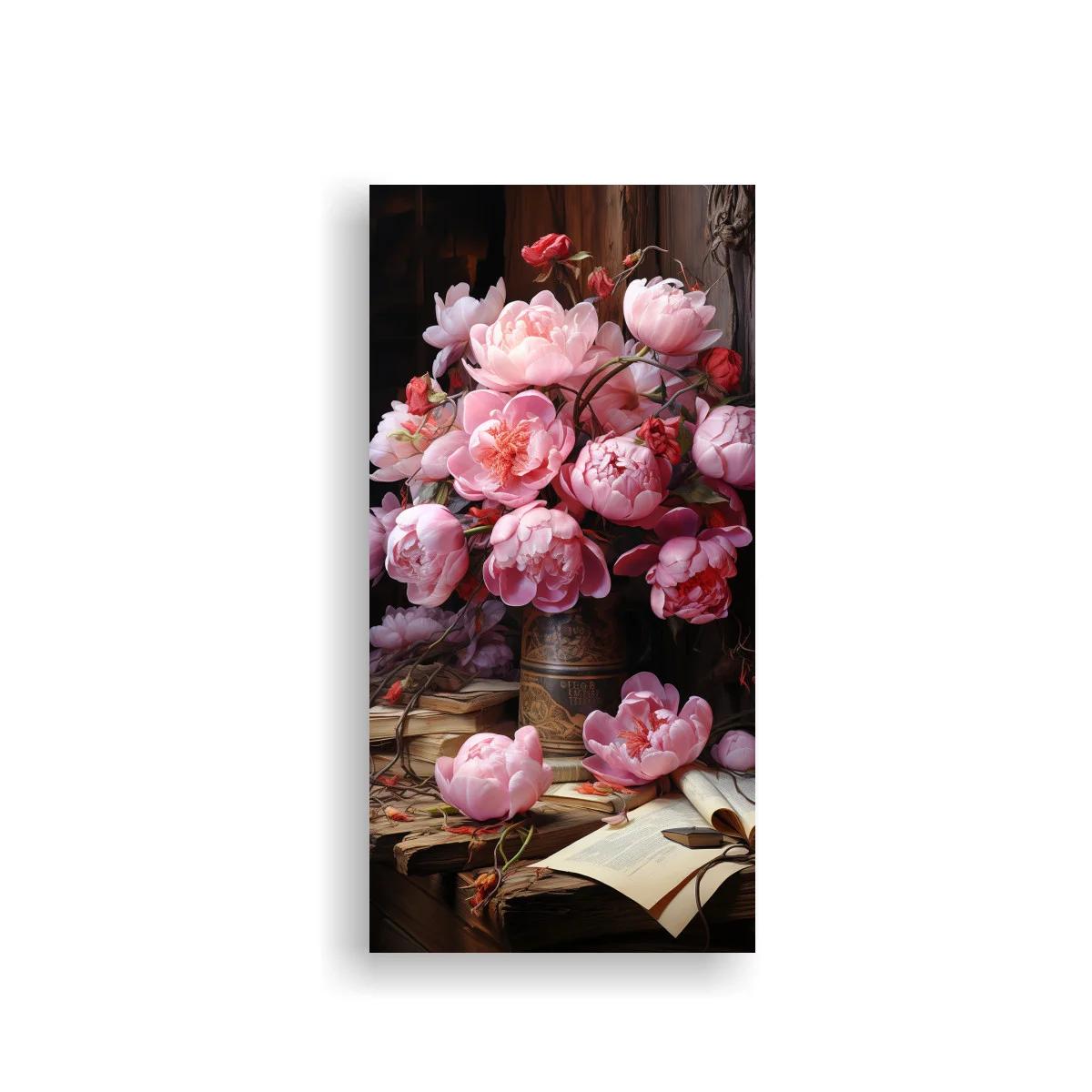 Cuadro ramo de peonías rosadas con libros viejos y carta abierta