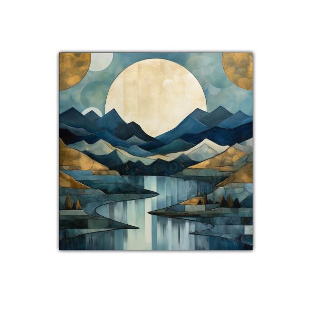 Paisaje montañoso con luna llena en tonos azul y dorado