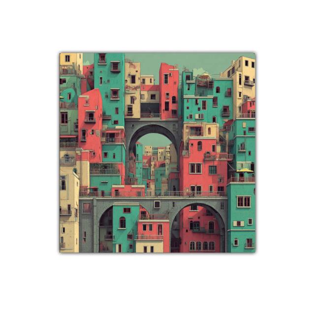Ciudad estilizada con arcos y bloques coloridos