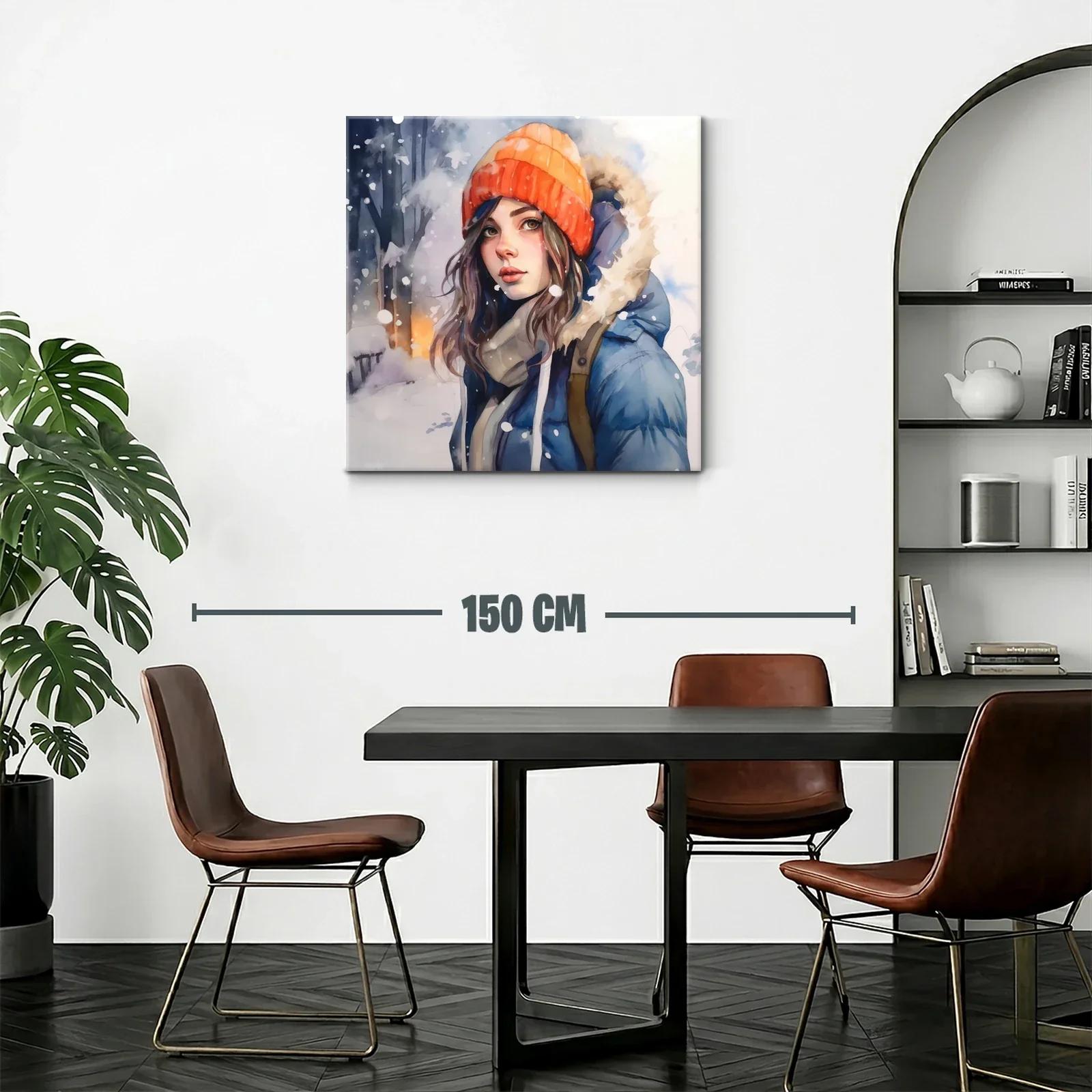 Retrato femenino invernal con gorro naranja y abrigo azul — miniatura 2