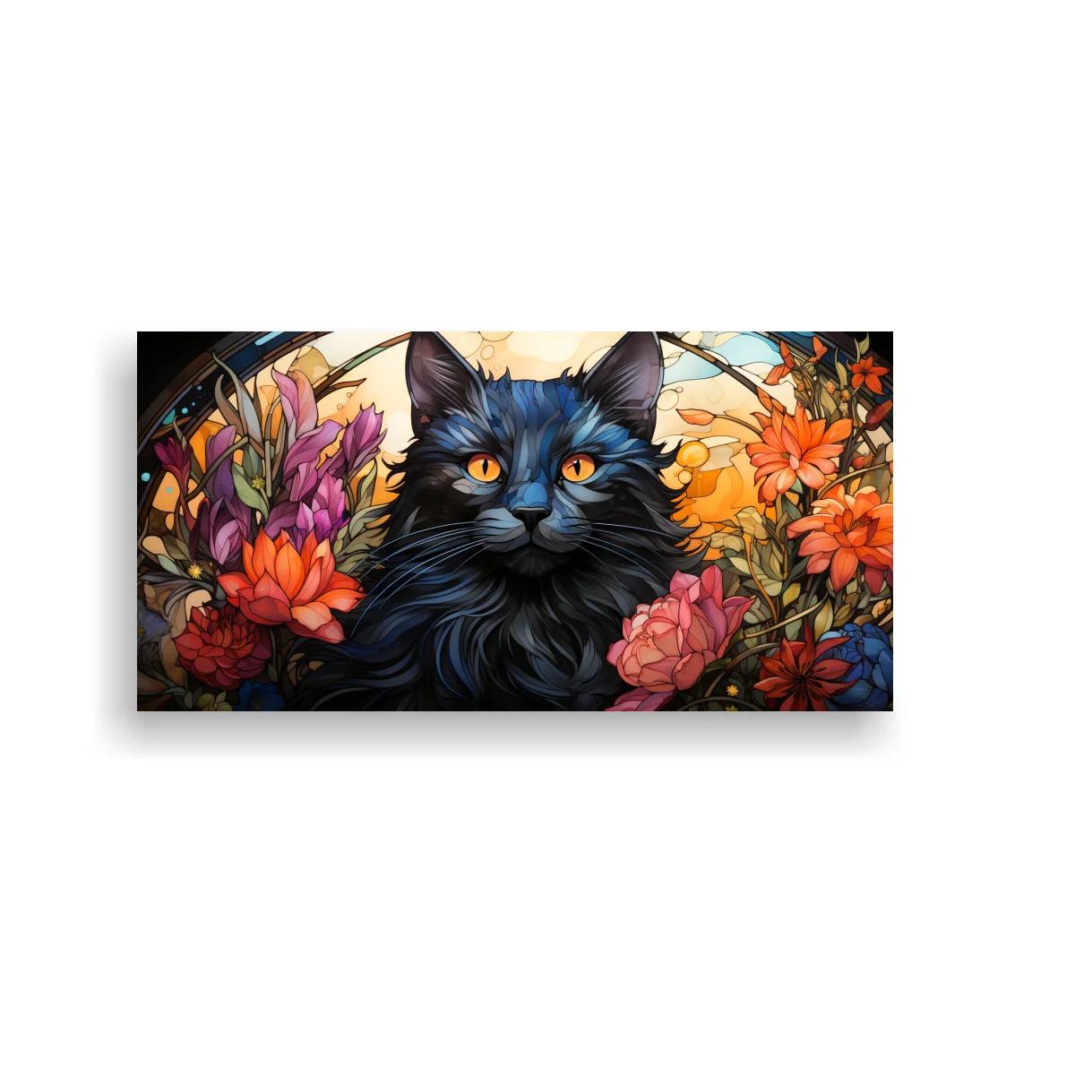 Cuadro gato negro de pelo largo con marco floral ornamental — imagen principal