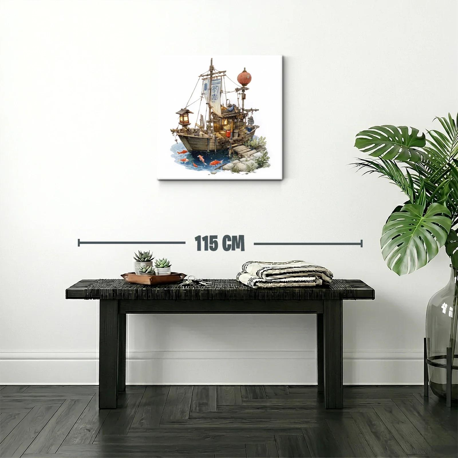 Barco tradicional con linternas y peces en agua tranquila — miniatura 2