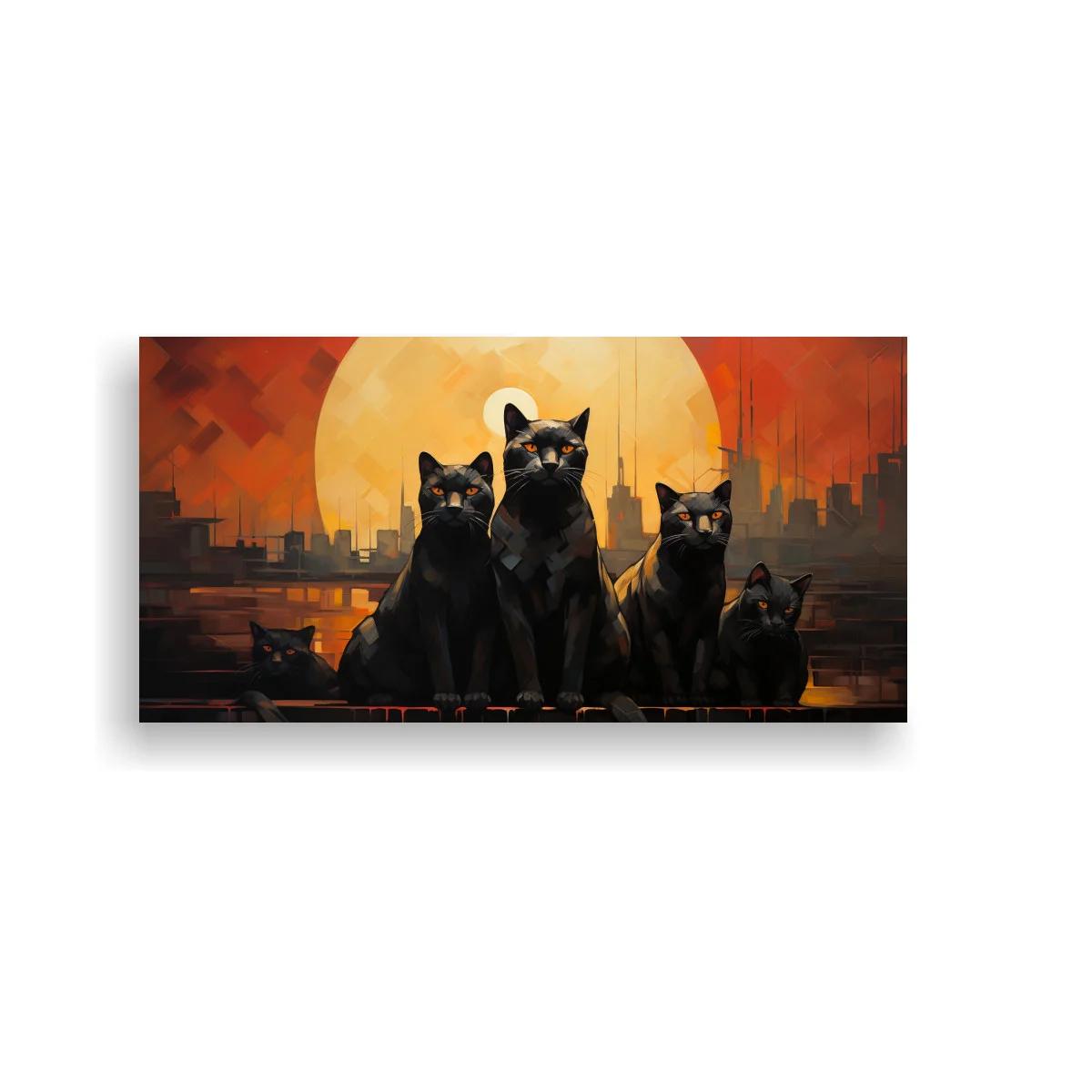 Cuadro grupo de gatos negros con skyline y reflejos dorados