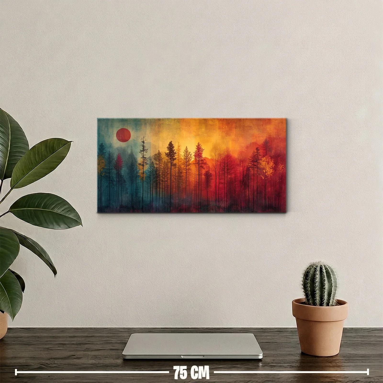 Cuadro bosque de pinos con disco rojo y niebla — miniatura 2