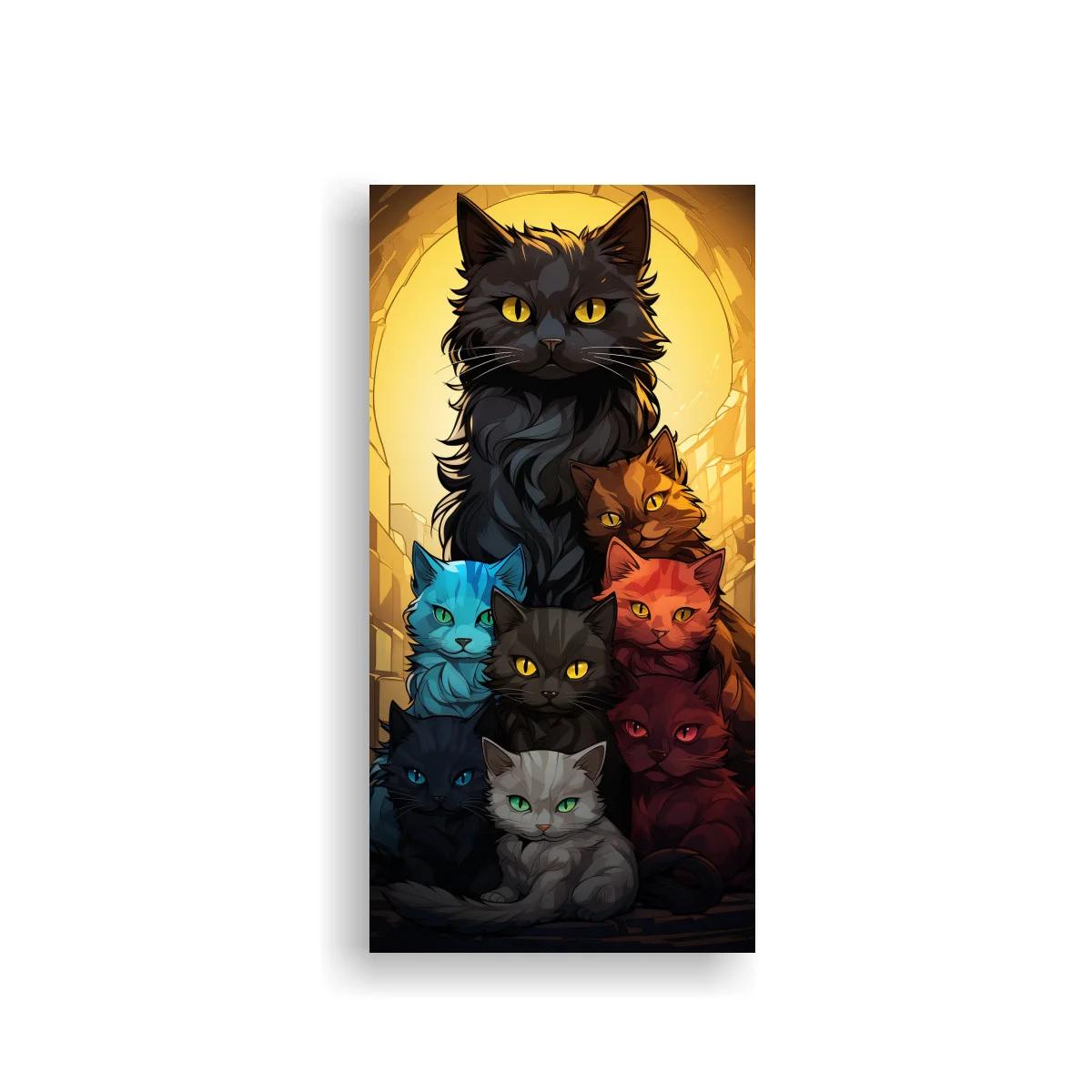 Cuadro grupo de gatos de colores con halo dorado