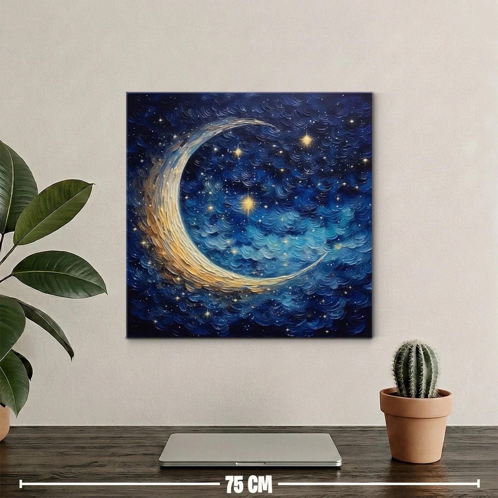 Cielo estrellado con luna creciente en tonos azul y dorado — miniatura 2