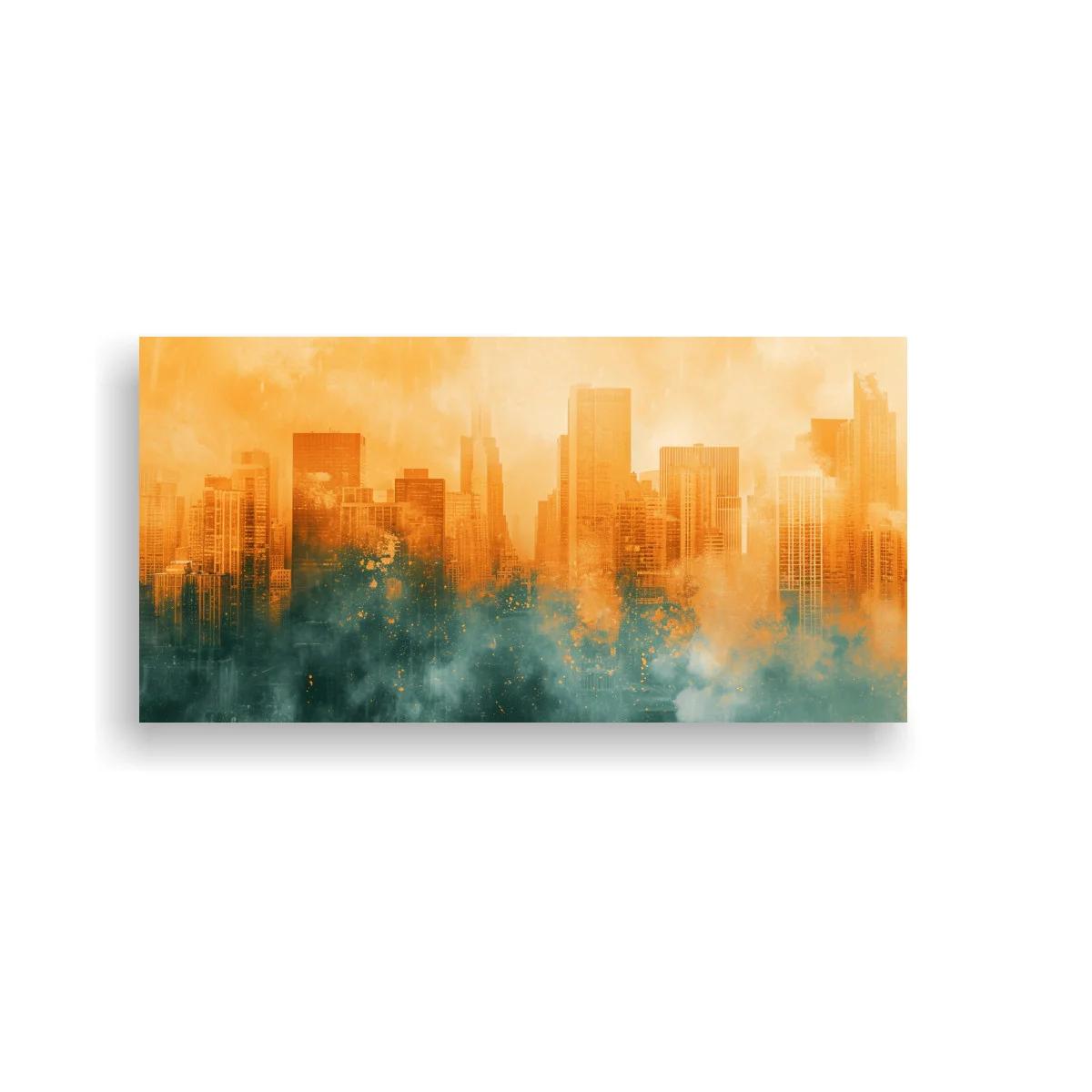 Cuadro skyline urbano brumoso en tonos cálidos y azul verdoso