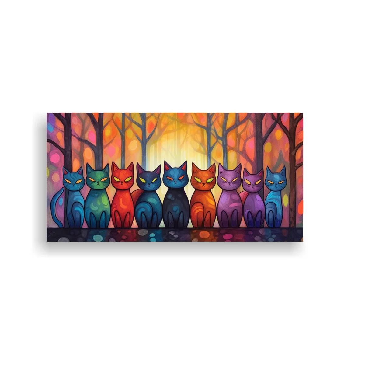 Cuadro fila de gatos de colores con fondo bokeh