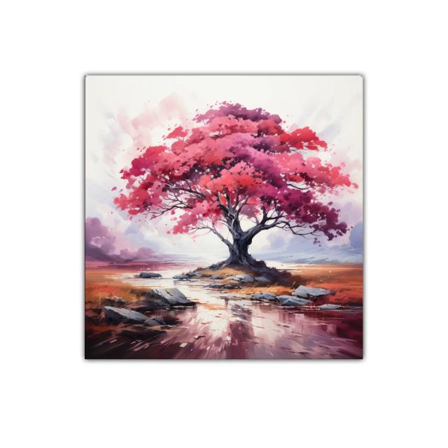 Árbol en tonos rosas y rojos sobre paisaje sereno