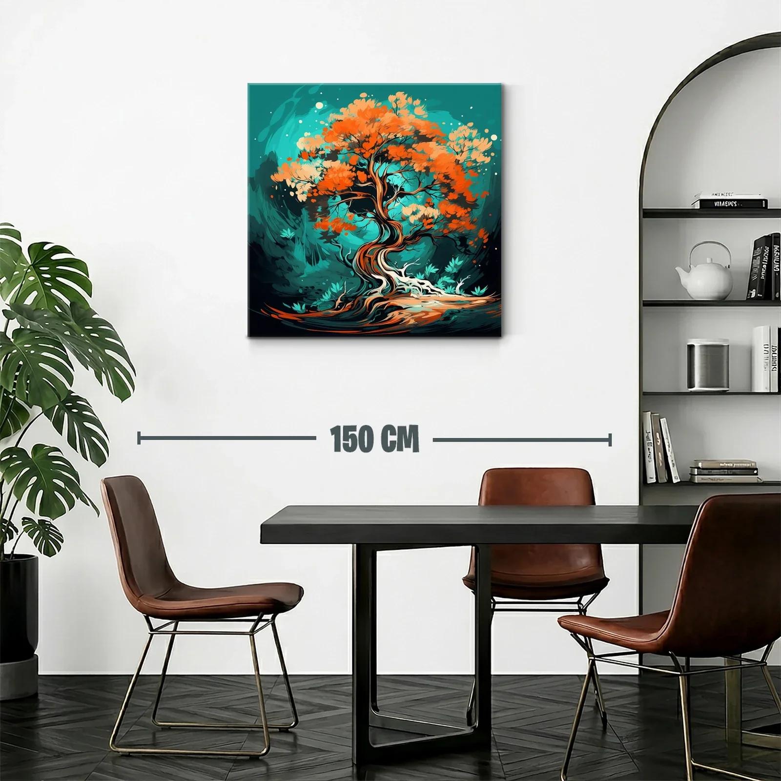 Árbol Abstracto con Hojas en Tonos Cálidos y Fondo Turquesa — miniatura 2