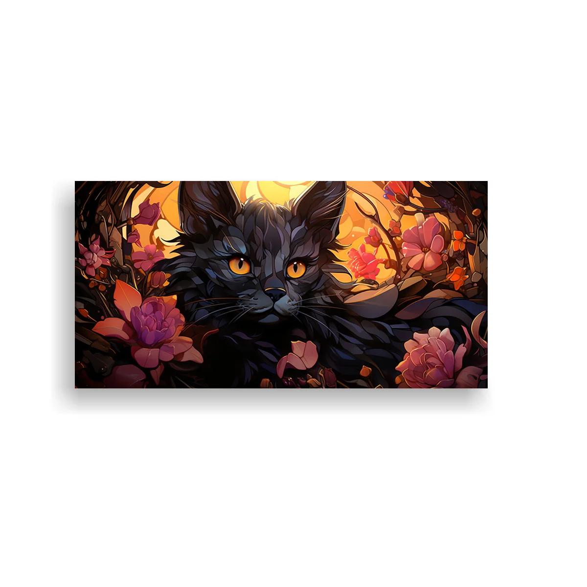 Cuadro gato negro de ojos ámbar entre flores