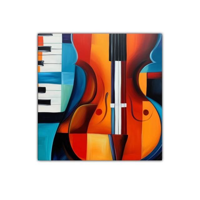 Arte vibrante con guitarra y piano en tonos cálidos y fríos
