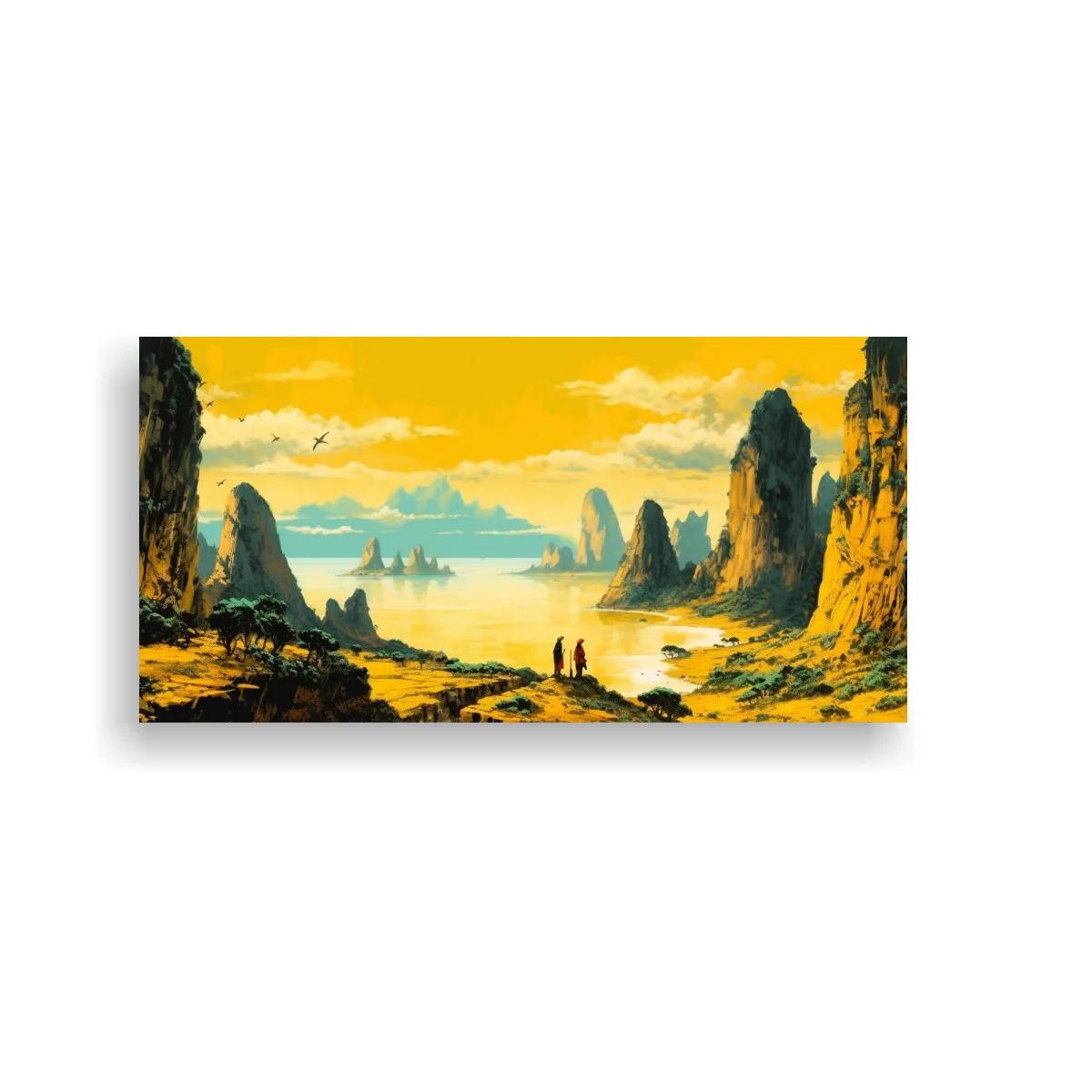 Cuadro paisaje costero con veleros en la distancia