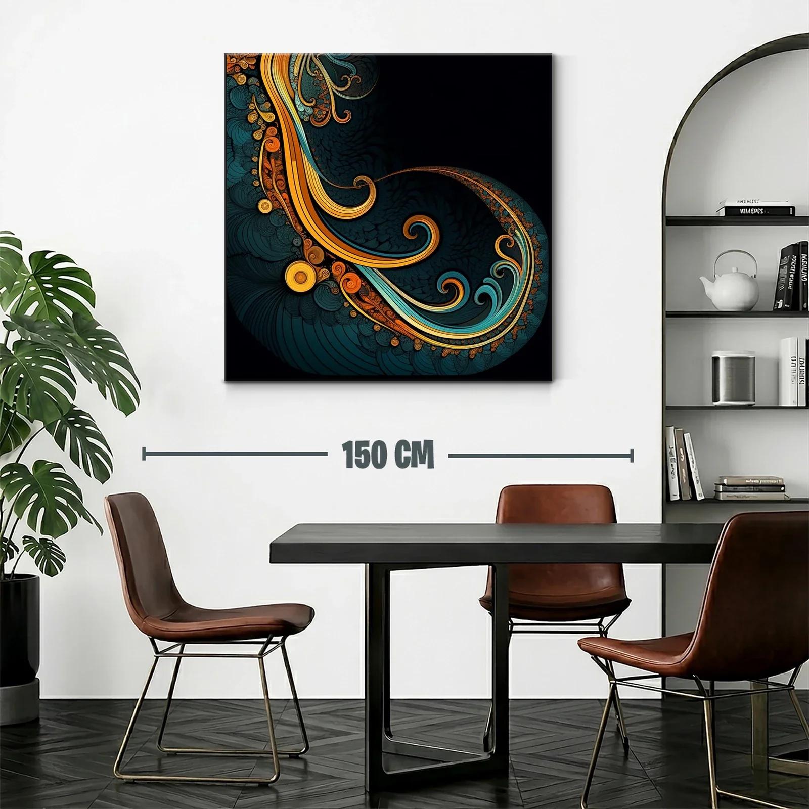 Cuadro abstracto con formas onduladas en tonos cálidos y azulados — miniatura 2