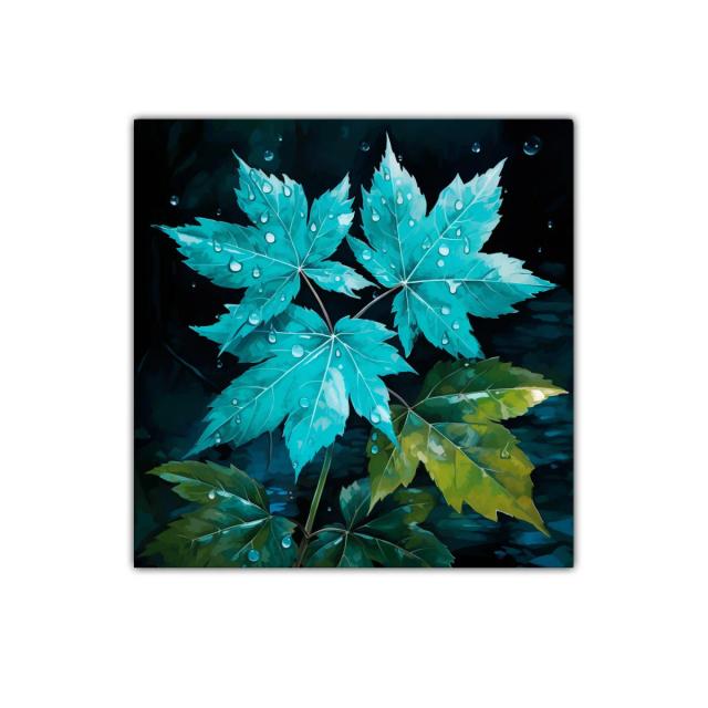 Hojas en tonos azules con gotas de agua brillantes