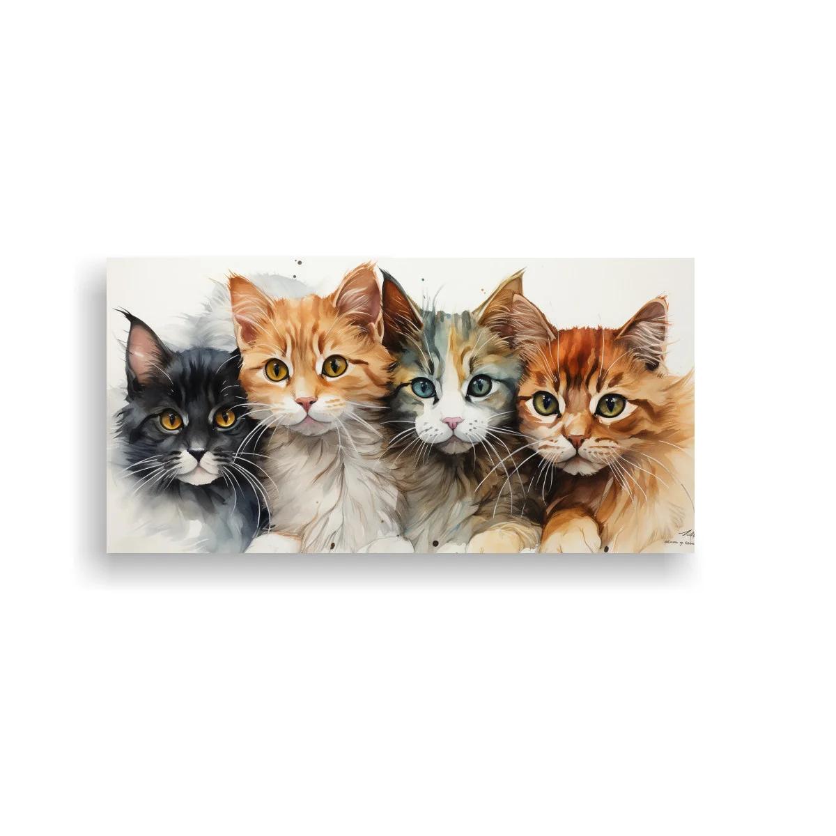 Cuadro cuatro gatos domésticos alineados en acuarela