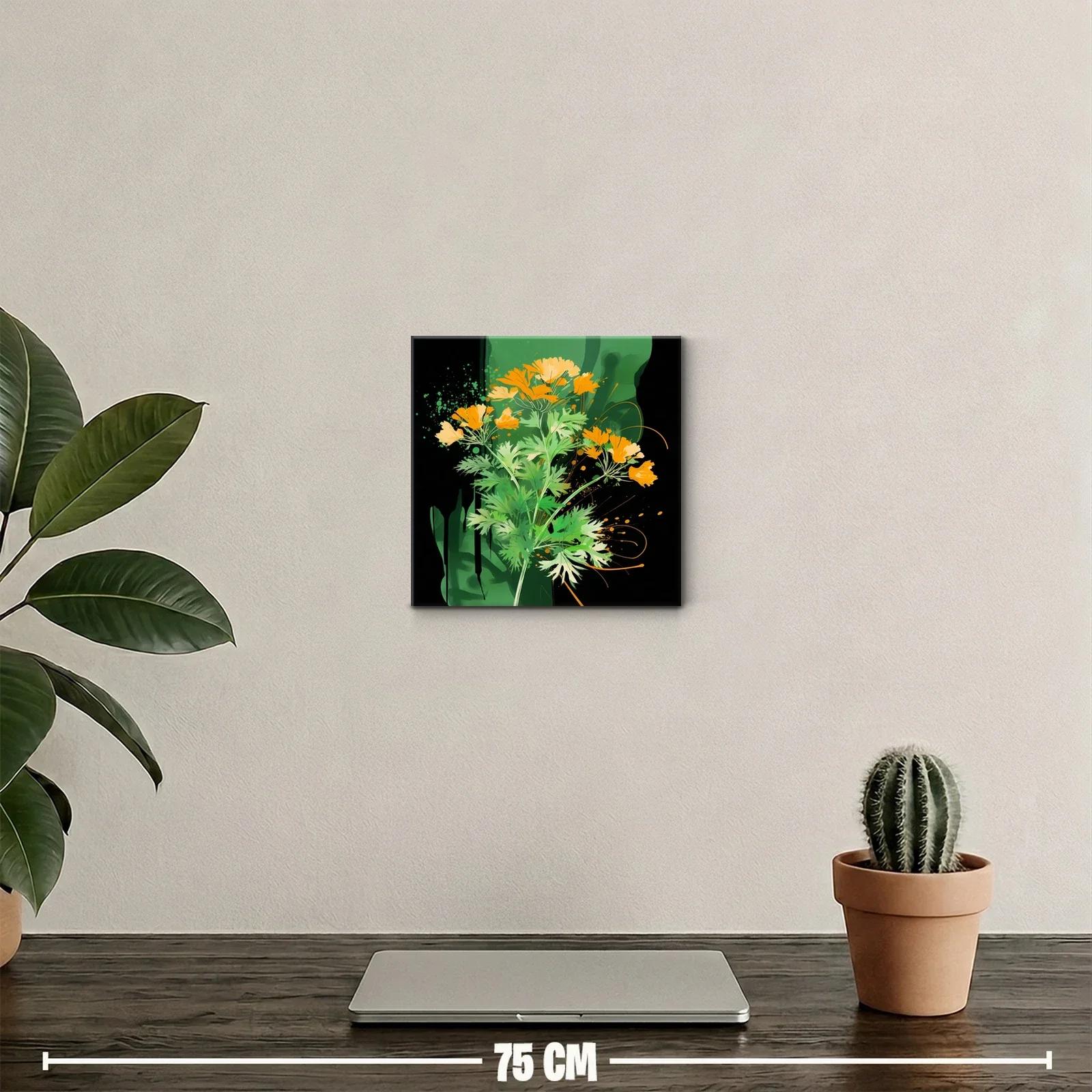 Cuadro decorativo con flores naranjas sobre fondo verde y negro — miniatura 2