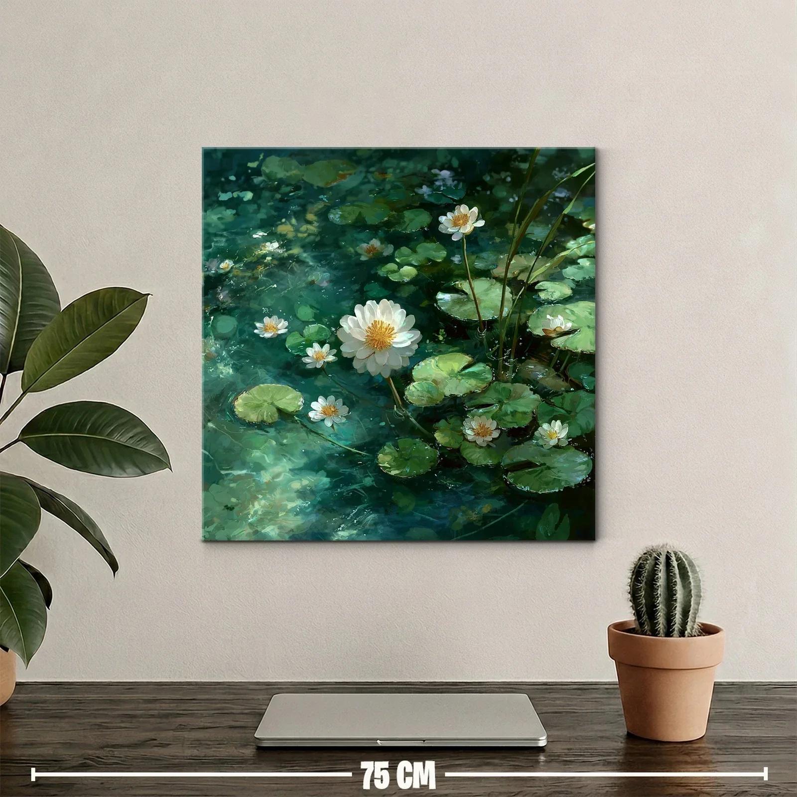Lienzo de flores acuáticas en tonos verde y blanco — miniatura 2