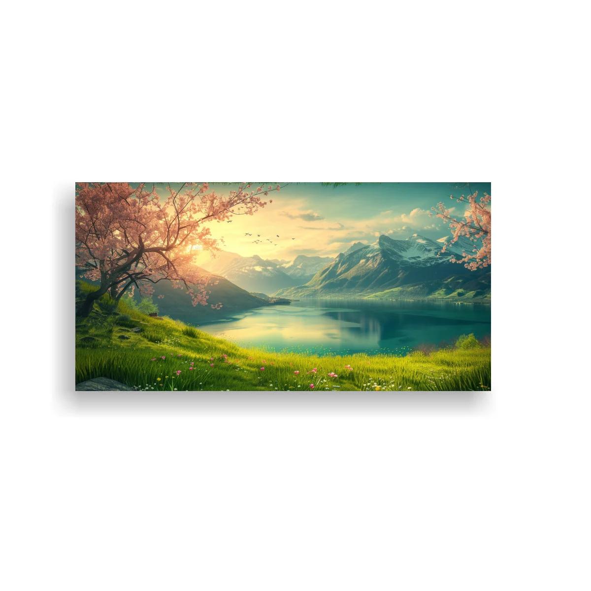 Cuadro lago de montaña al amanecer con flores silvestres