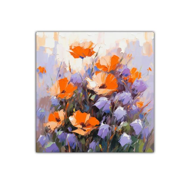 Cuadro decorativo con vibrantes flores naranjas y moradas