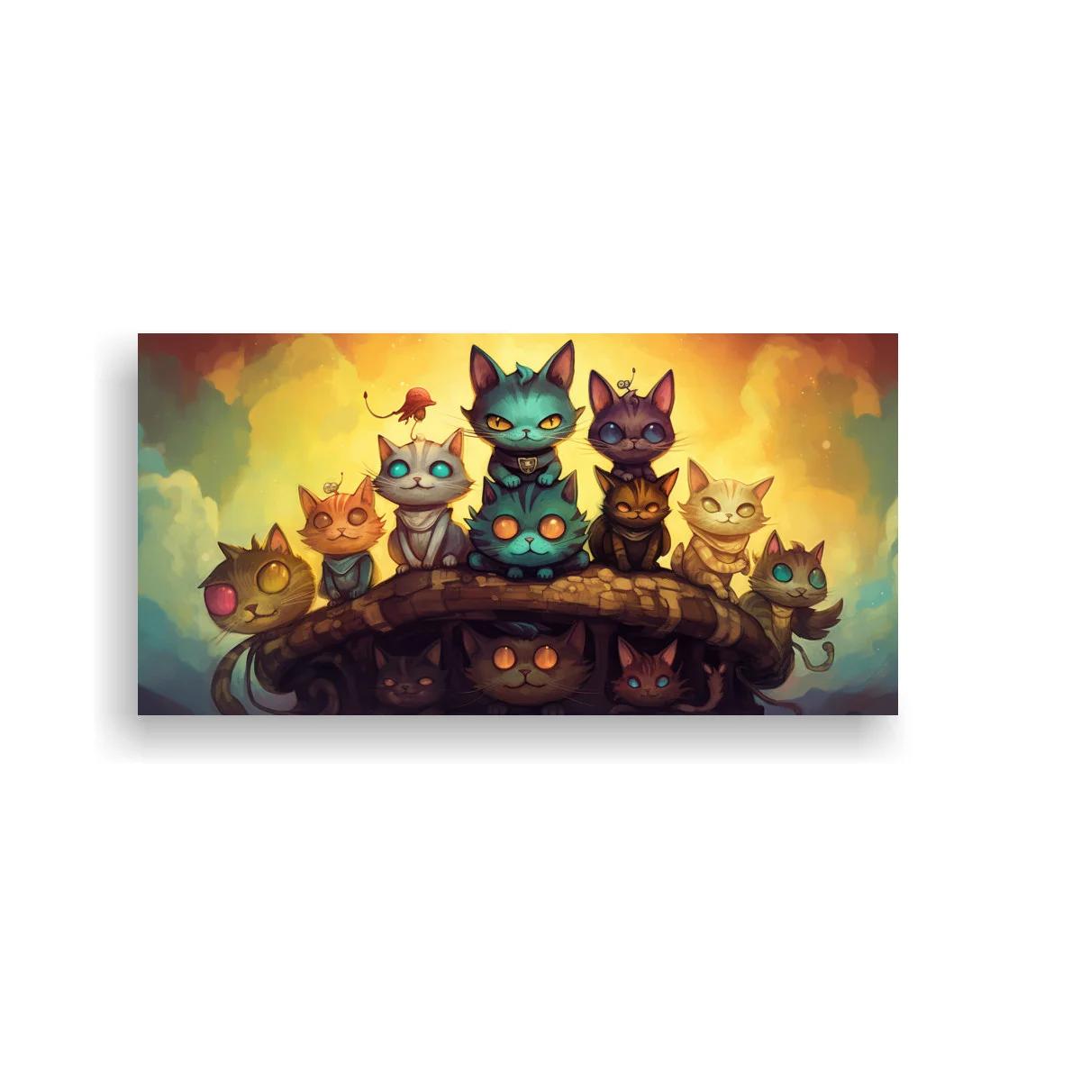 Cuadro grupo de gatos con ojos brillantes sobre arco colorido
