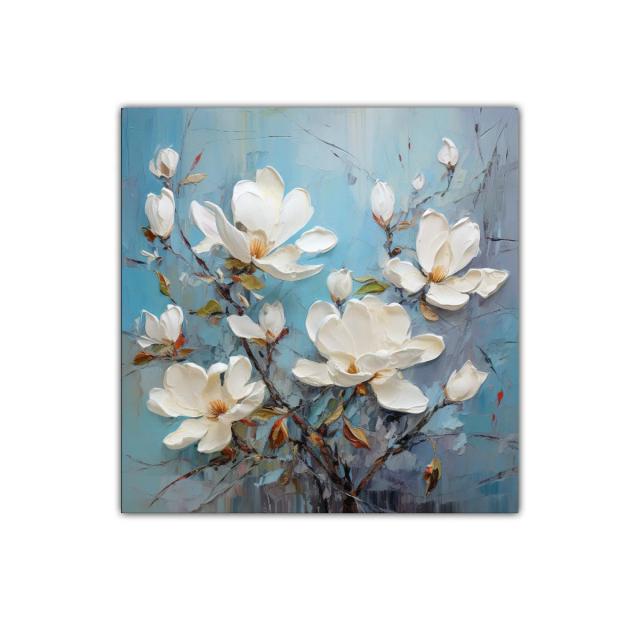 Cuadro con delicadas flores blancas sobre fondo azul