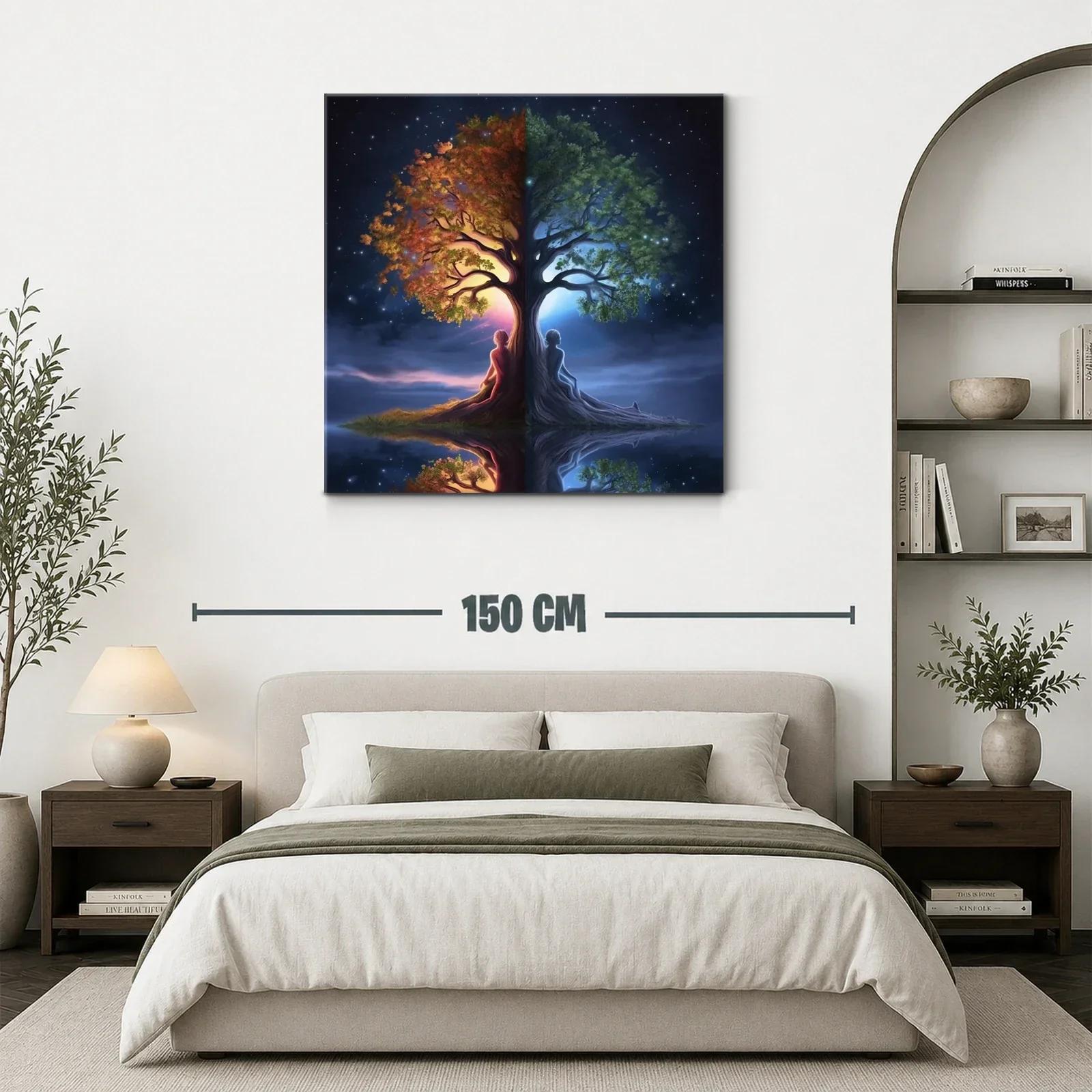 Cuadro árbol dual con figuras humanas y contraste día noche — miniatura 3
