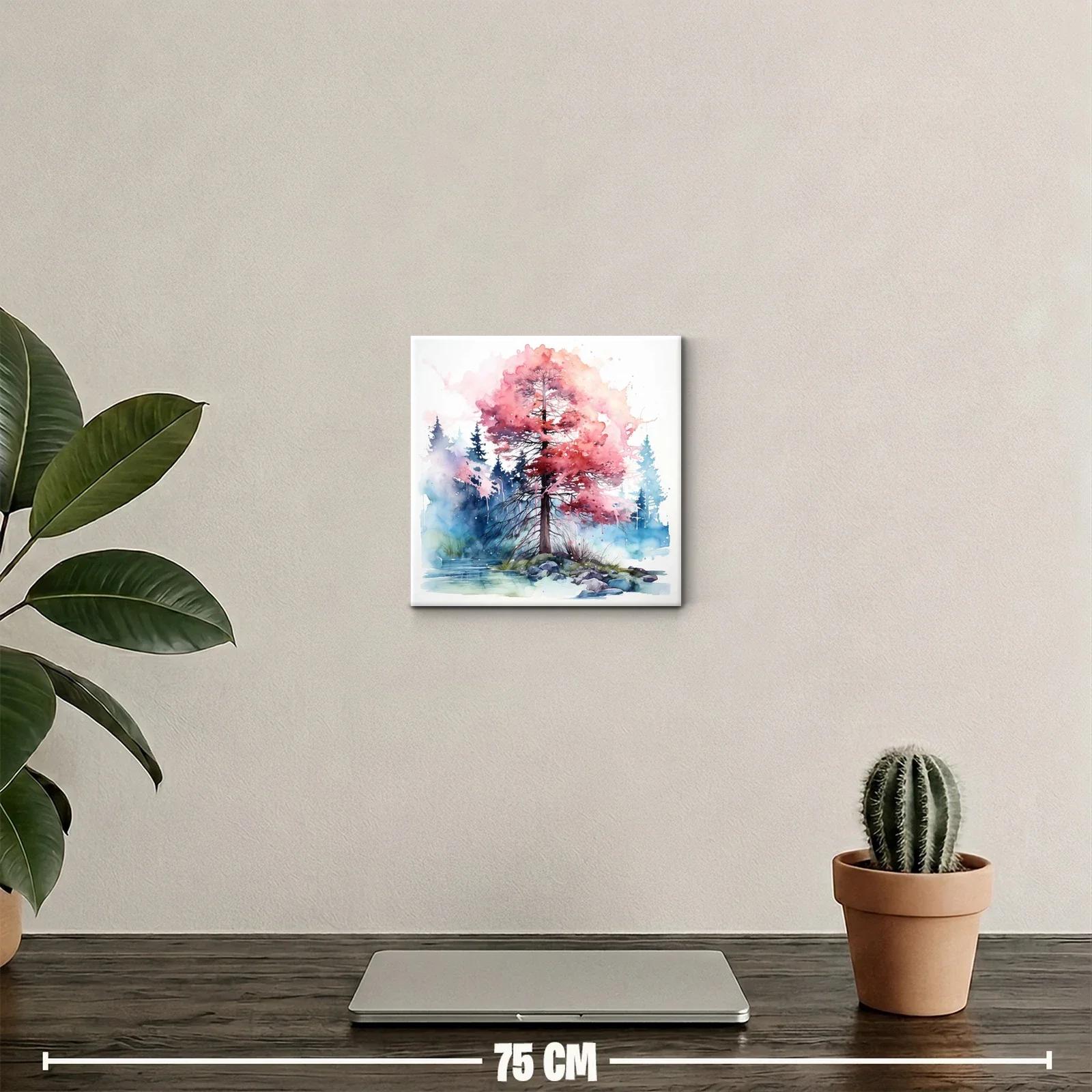 Árbol en otoño con hojas rosas y fondo de bosque azul — miniatura 2