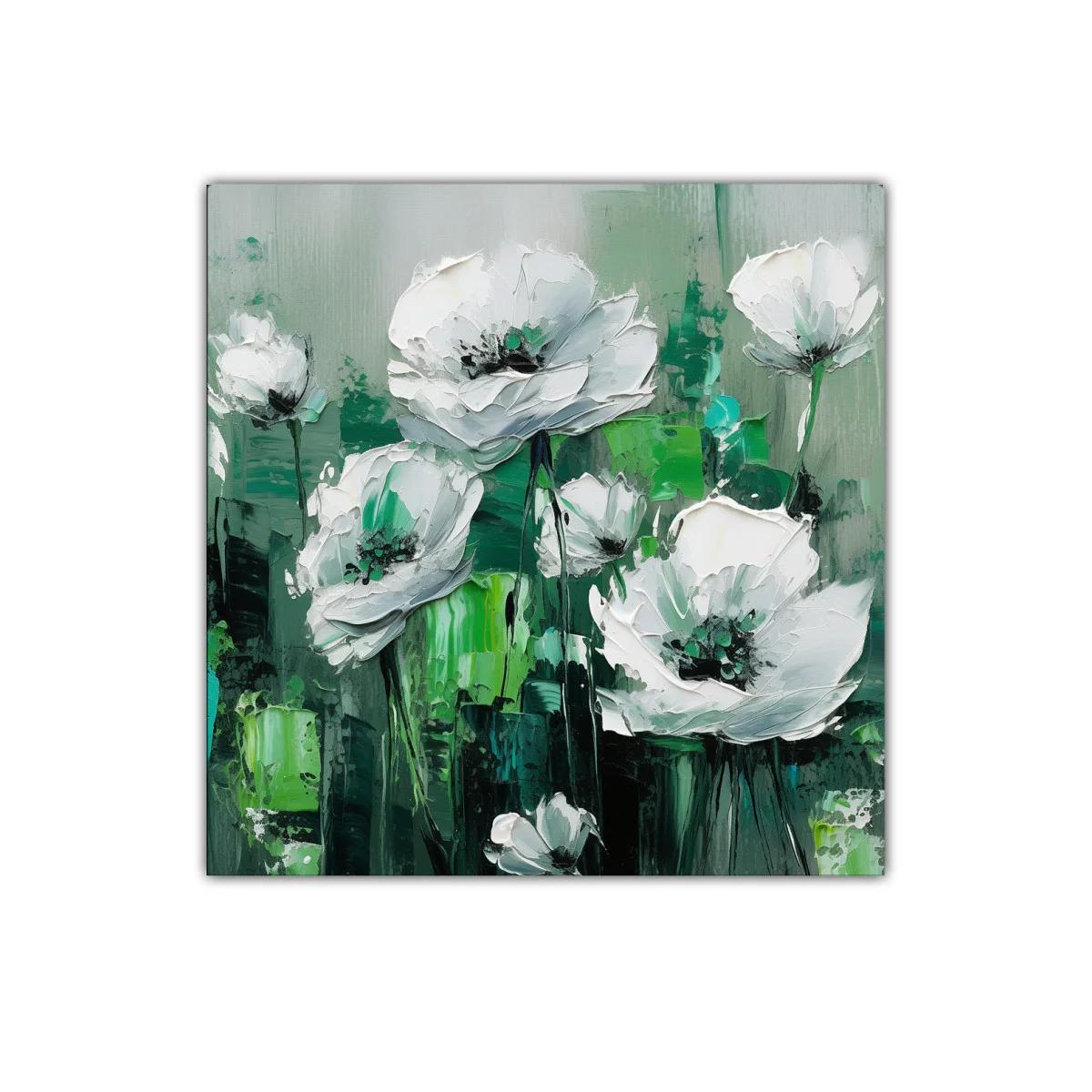 Cuadro decorativo con flores blancas sobre fondo verde intenso — imagen principal