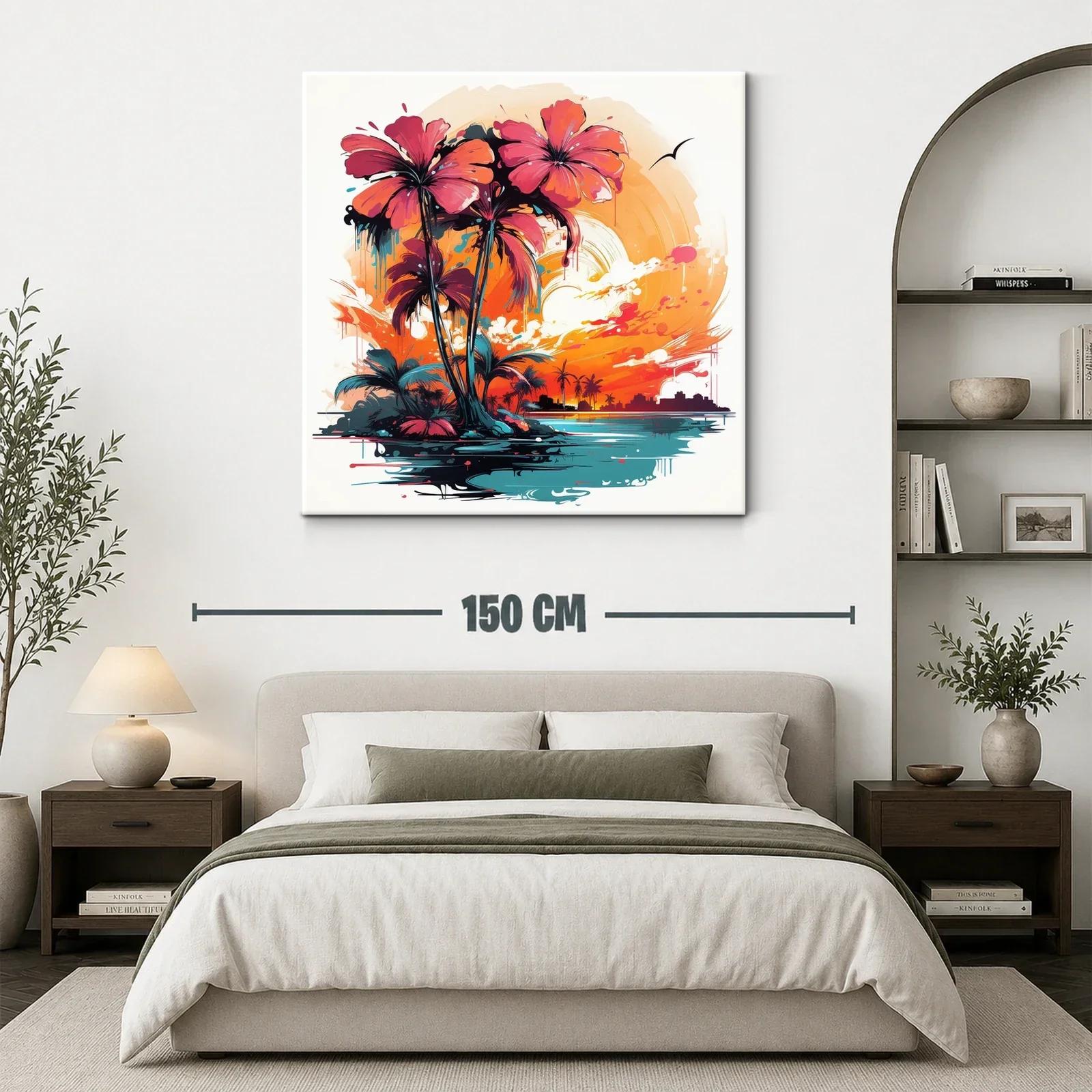 Atardecer tropical con palmeras vibrantes y horizonte urbano — miniatura 3